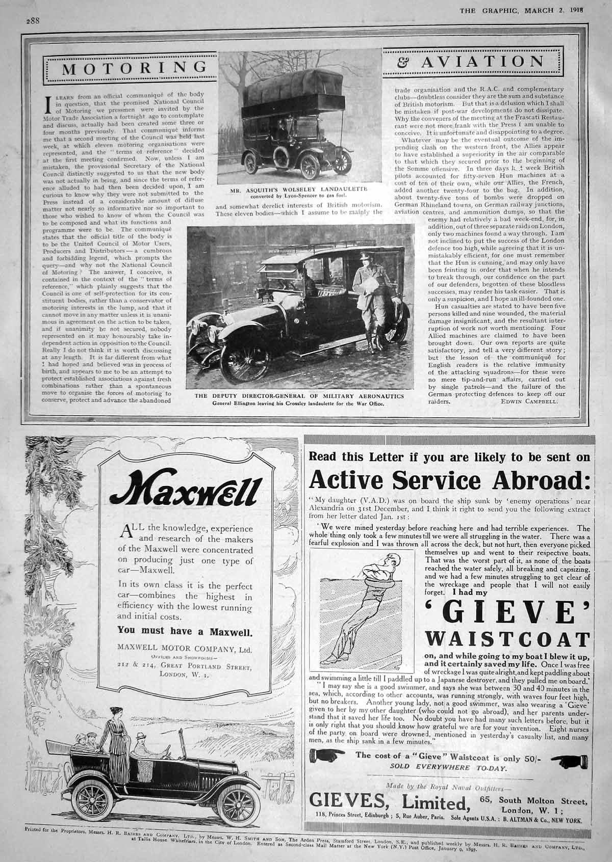 Old 1918 Asquith Wolseley Landaulette General Ellington Crossley Moto 20th