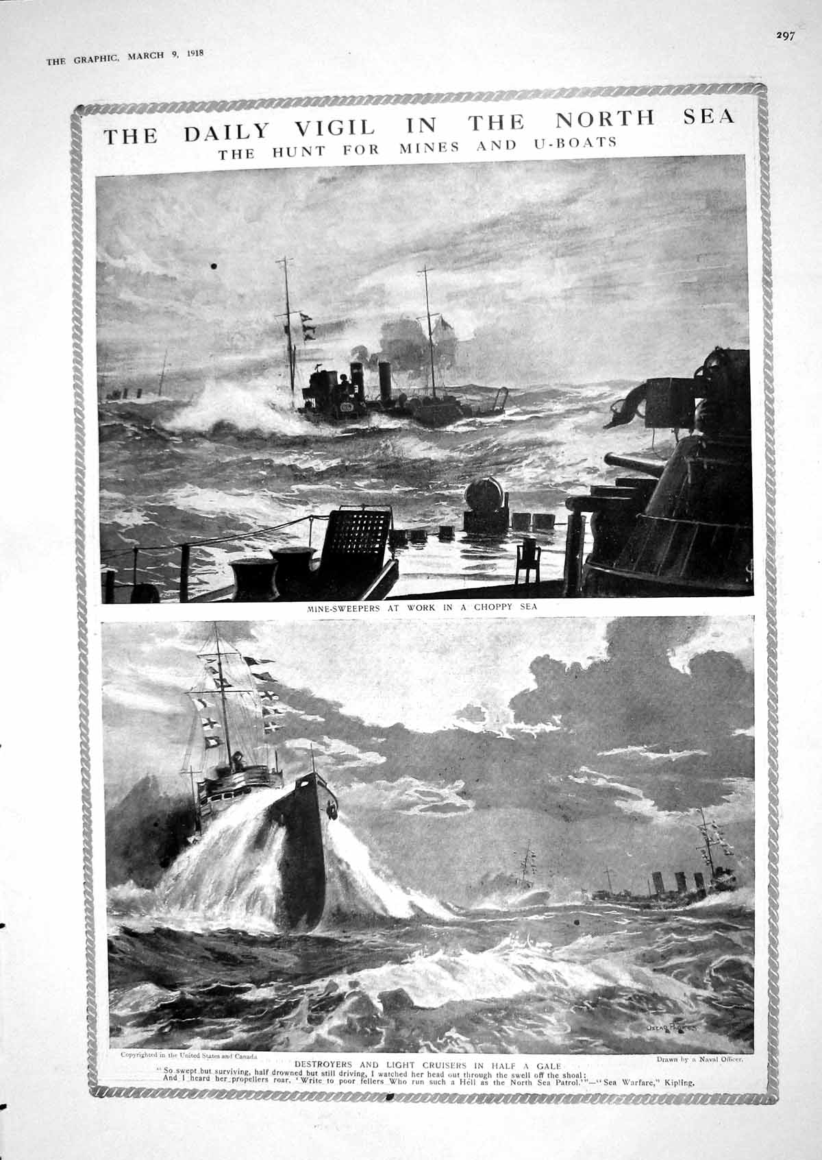 Old 1918 North Sea War Ships Mine-Sweepers Destroyers Cruisers Map Ba 20th