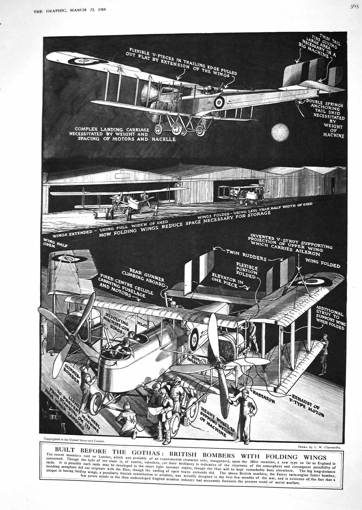 Old Print 1918 War British Bombers Fing Wings Aeroplane Monte Carlo Hote 20th