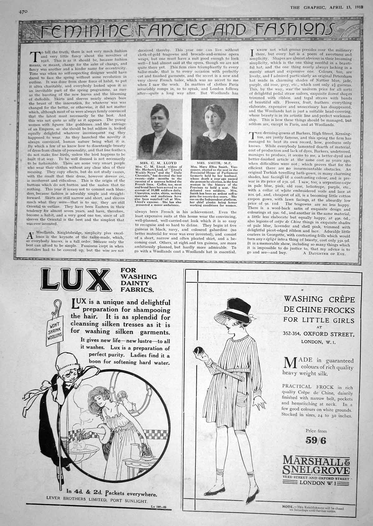 Antique Old Print 1918 Lloyd Smith Parliament Ladies Lux Marshall Snelgrove