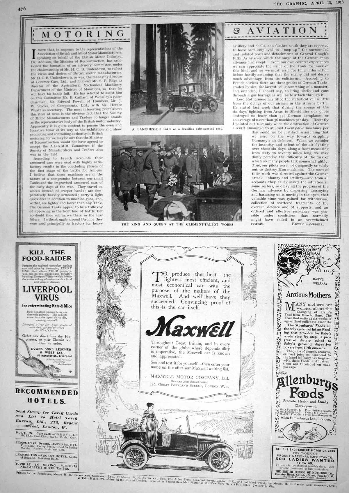 Old 1918 Lanchester Motor Car Brazil King Queen Clement Talbot Works 20th