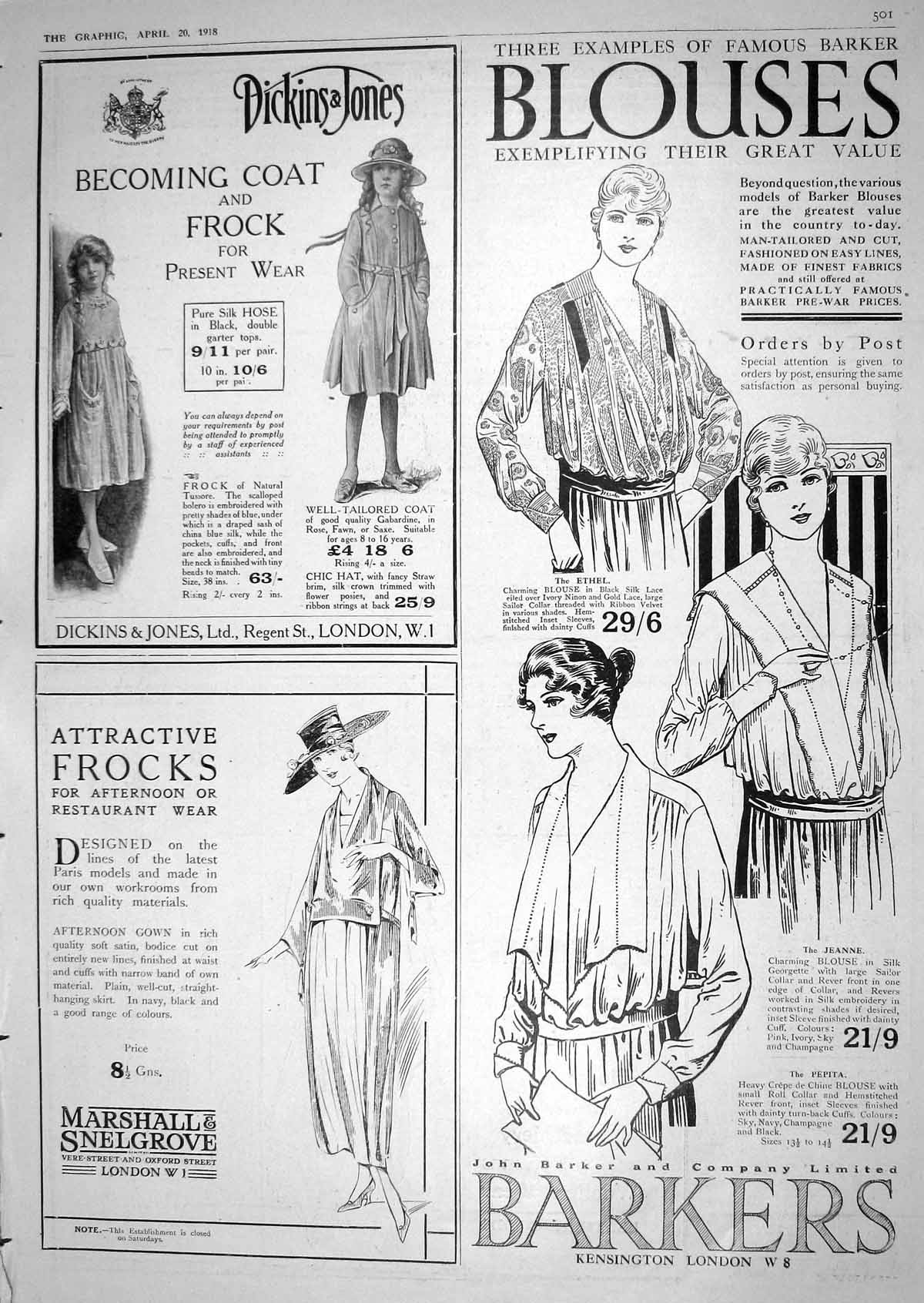 Old 1918 Advertisement Barkers Blouses Marshall Snelgrove Ladies Fash 20th