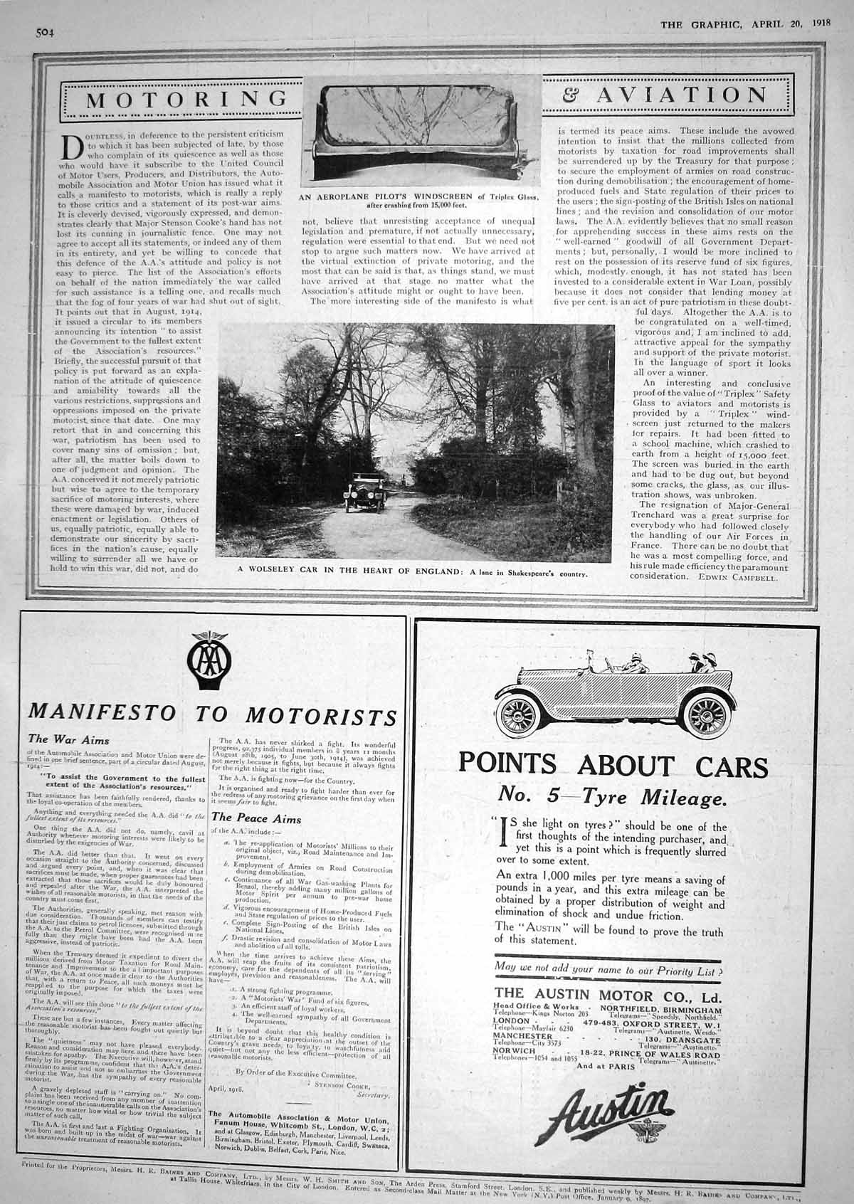 Antique Old Print 1918 Aeroplane Pilots Windscreen Wolseley Motor Car Austin