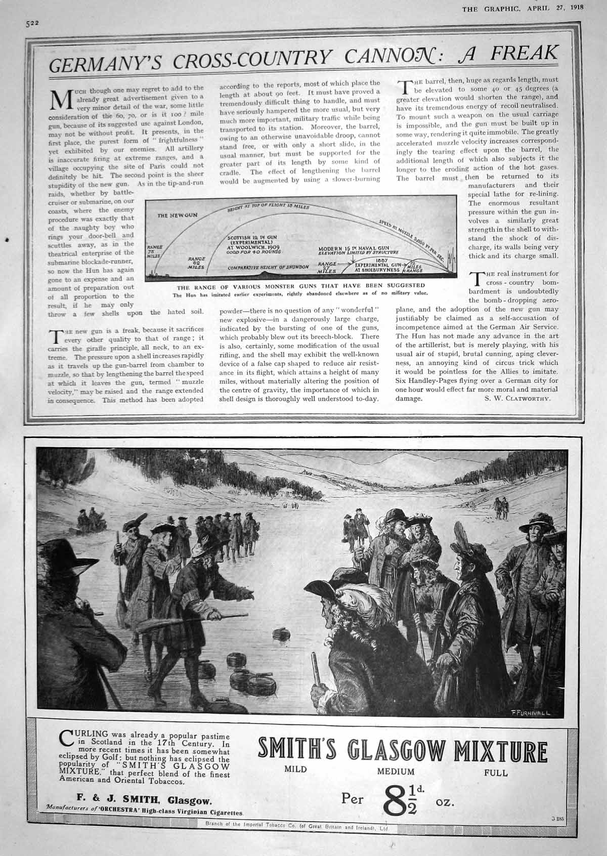 Antique Old Print 1918 Range Various Monster Guns War Experiments Cigarettes