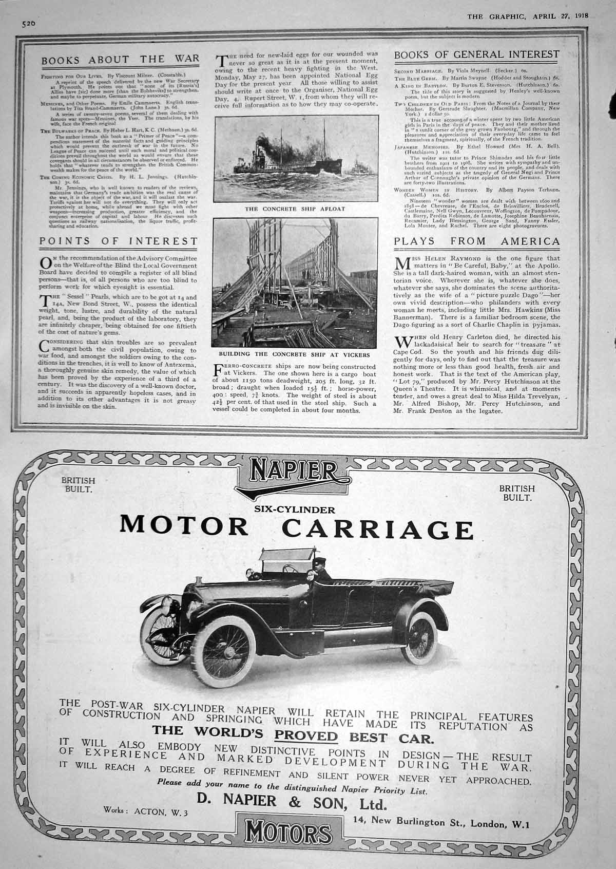 Old 1918 Concrete Ship Vickers Advertisement Napier Motor Cars Burlin 20th