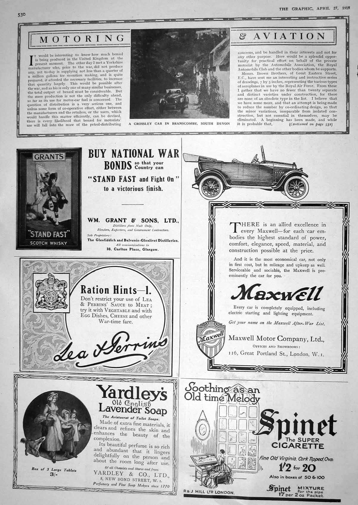 Old Print 1918 Crossley Motor Car Branscombe Devon Scotch Whisky Yardley 20th