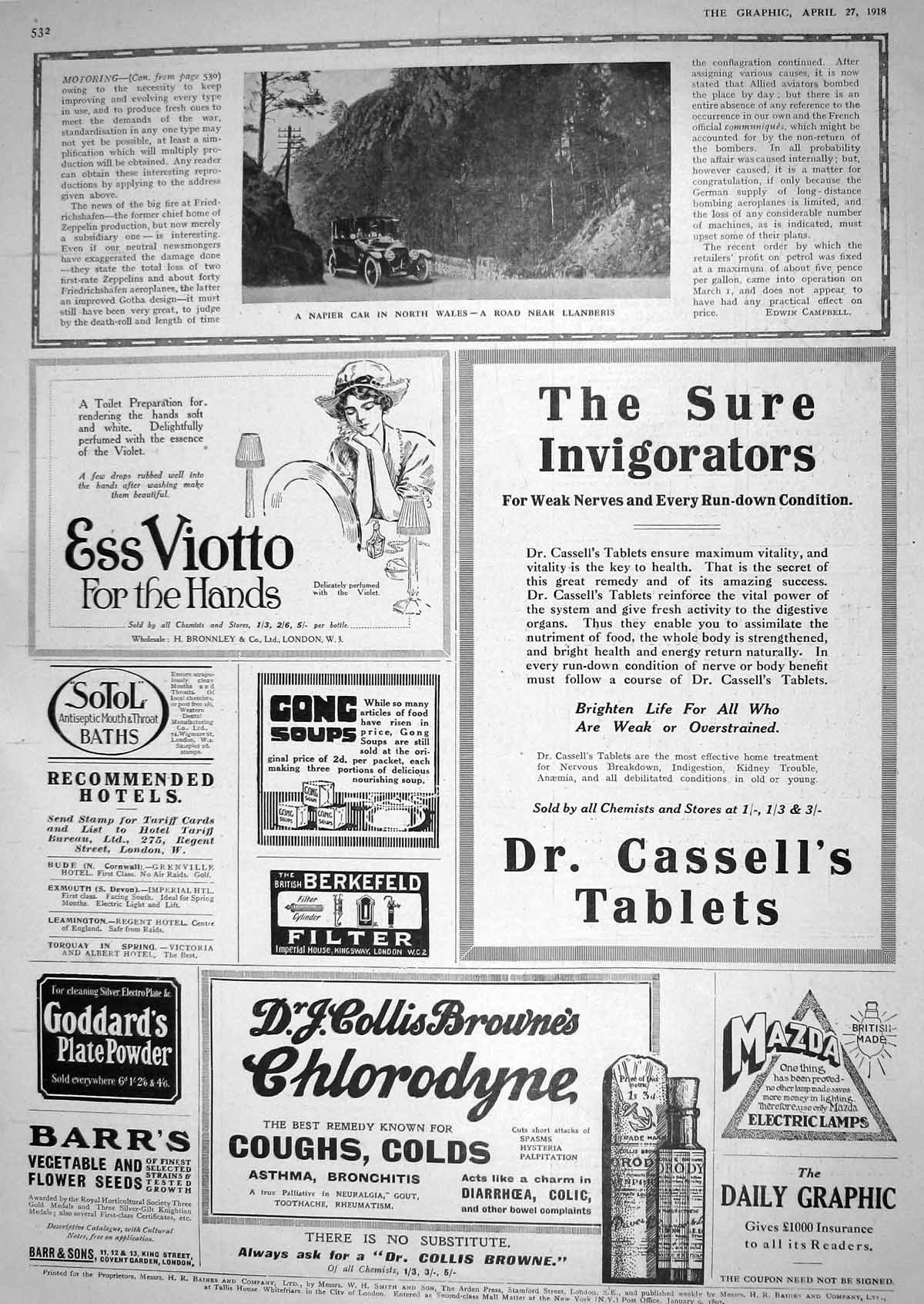 Old 1918 Napier Motor Car Wales Llanberis Cassell'S Tablets Ess Viott 20th