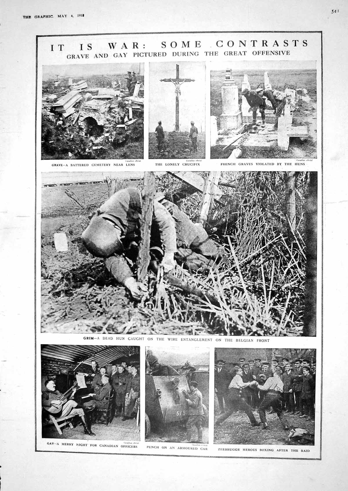 Old Print 1918 War Grave Siers Cemetery Lens Armoured Motor Car Zeebrugg 20th