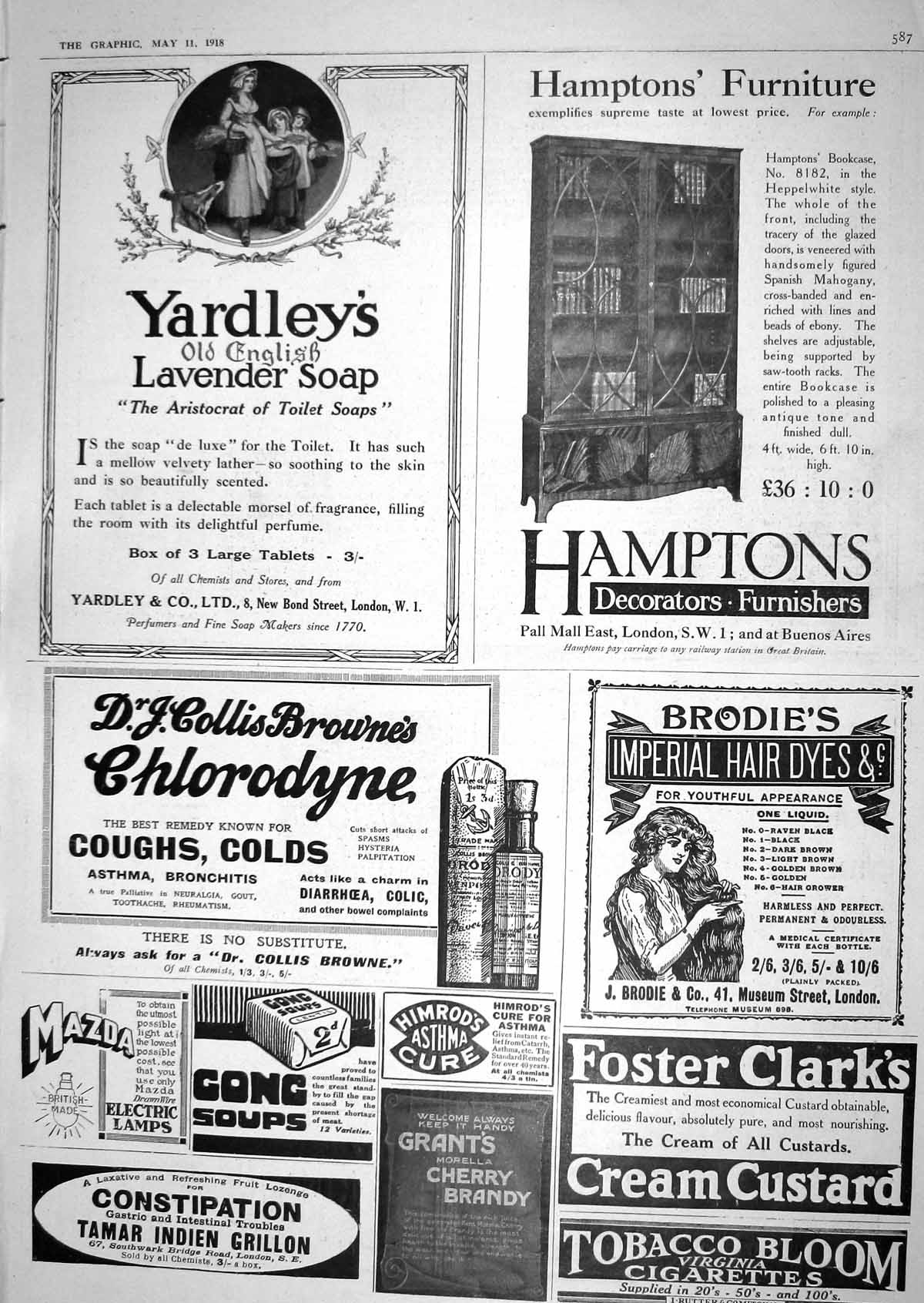Antique Old Print 1918 Hamptons Yardley'S Soap Chlorodyne Brodies Hair Dyes