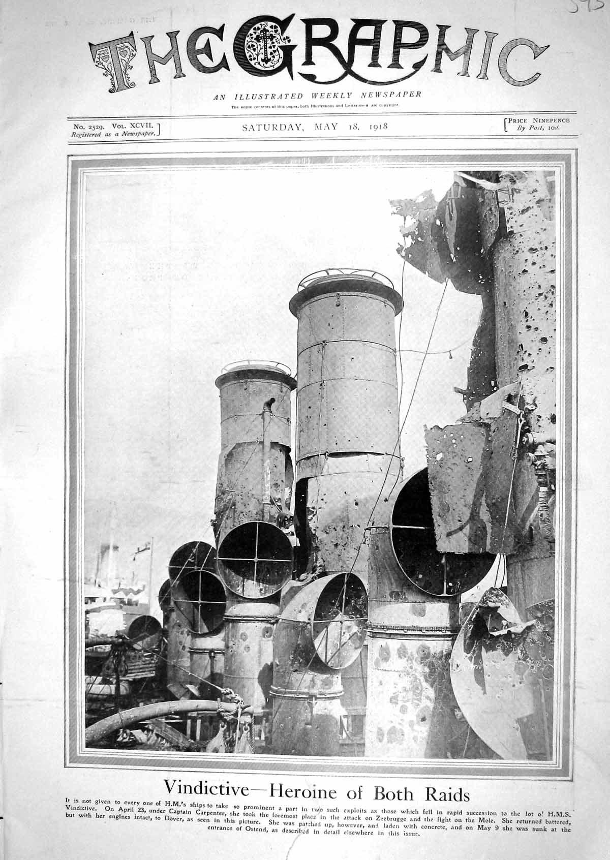 Old Print 1918 War Ship H.M.S. Vindictive Captain Carpenter American Sie 20th
