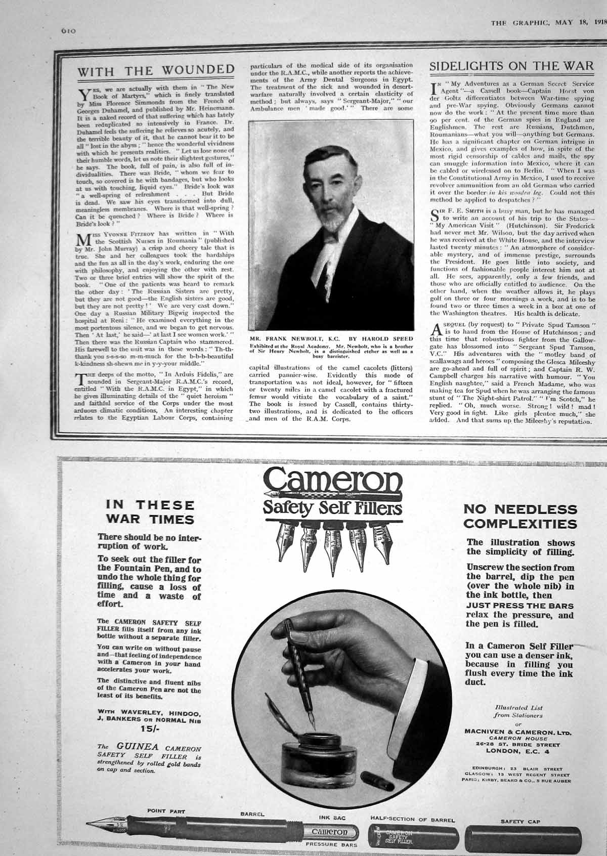 Old Print 1918 Frank Newbolt Barrister Advertisement Cameron Harlene Hair 20th