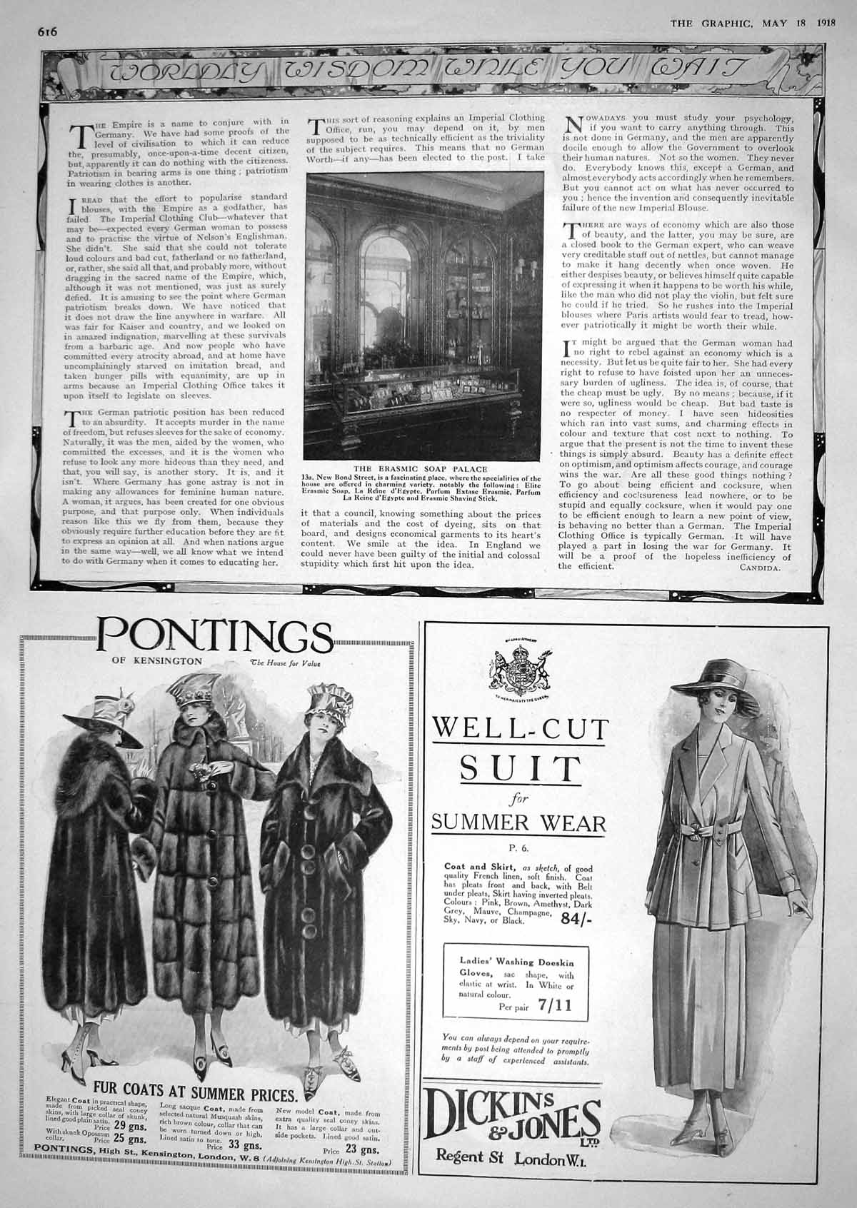 Antique Old Print 1918 Erasmic Soap Palace Bond Street Pontings Dickins Jones