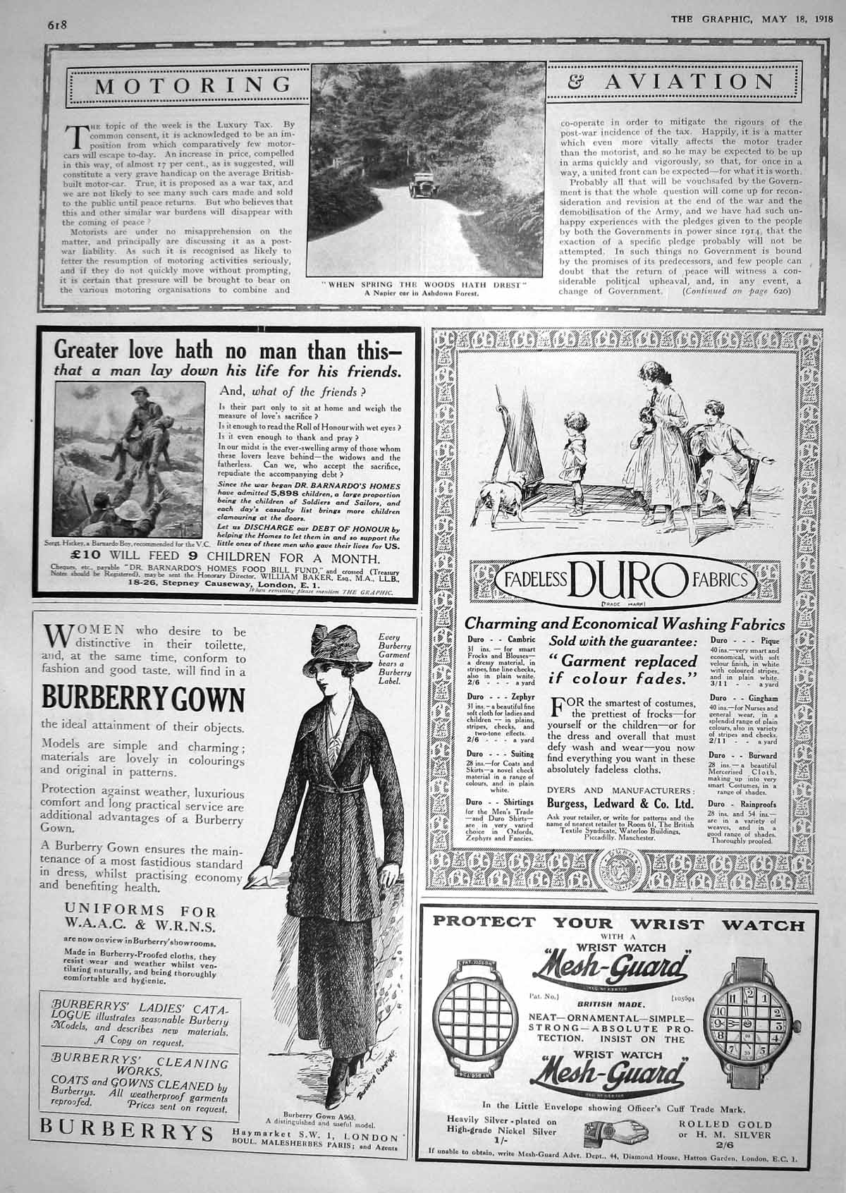 Antique Old Print 1918 Napier Motor Car Ashdown Forest Burberry Duro Fabrics