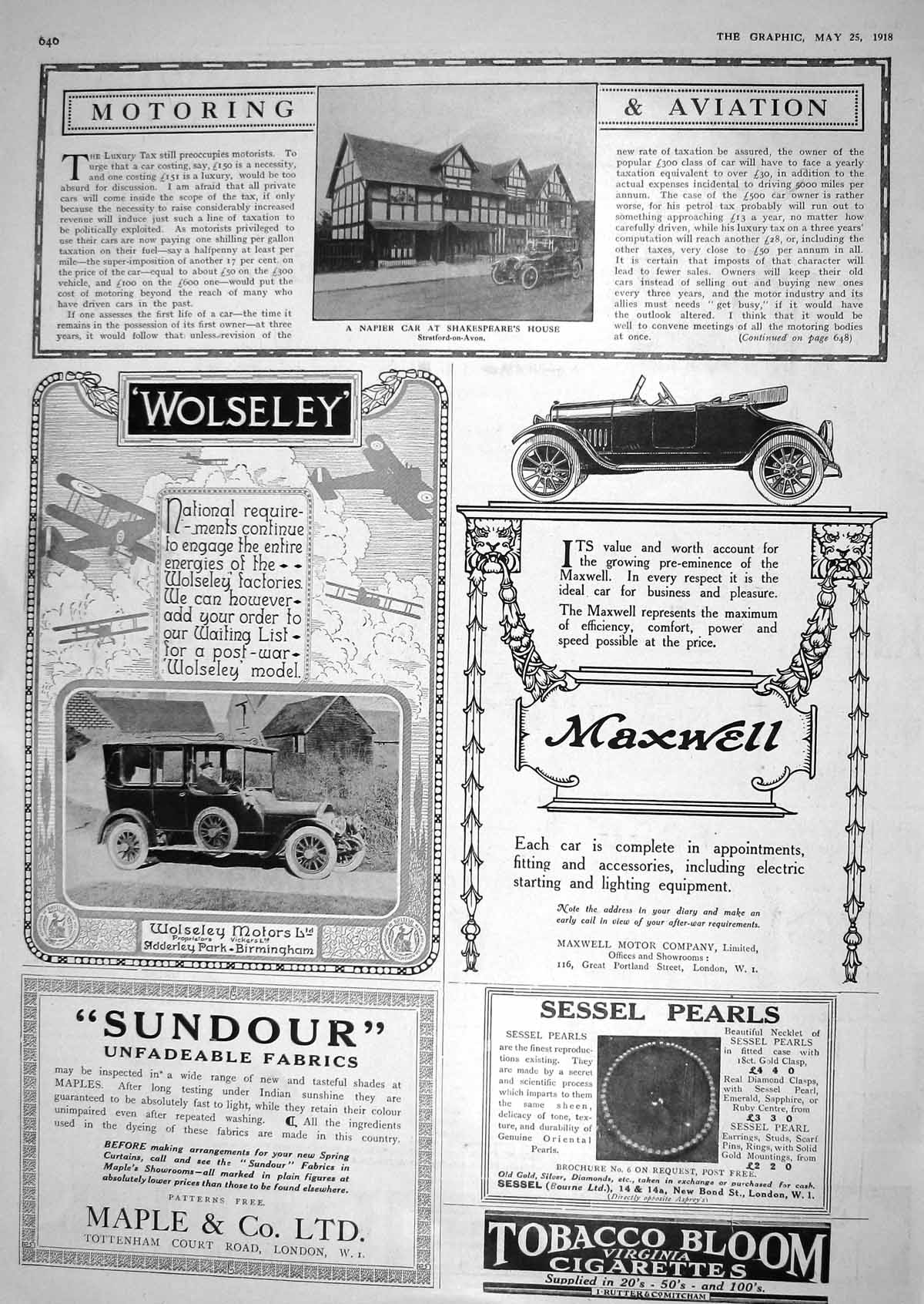 Antique Print 1918 Napier Motor Car Shakespeare House Wolseley Maple Sessel