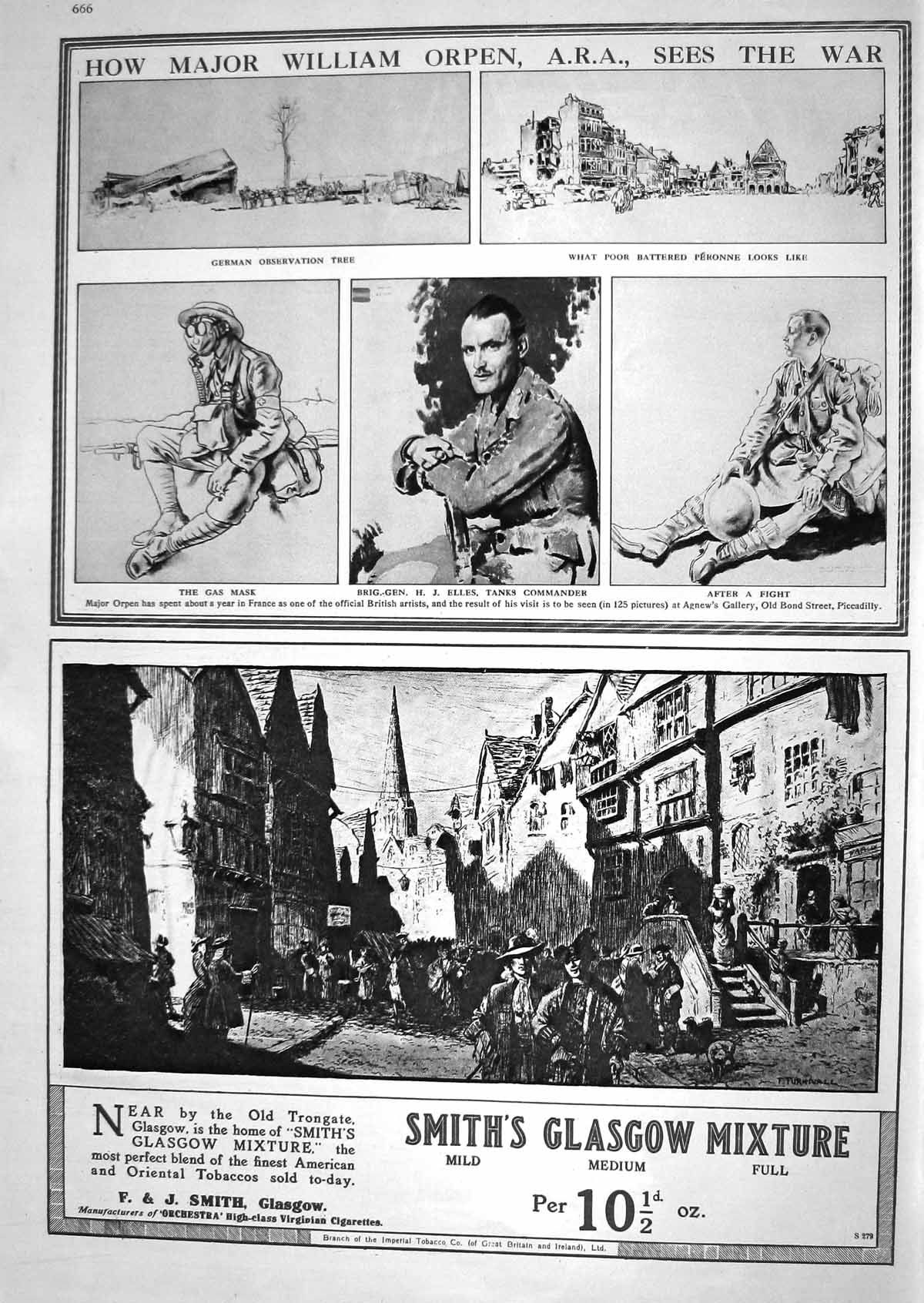 Antique Old Print 1918 Major Orpen War Gas Mask Peronne Elles Tobacco Harlene