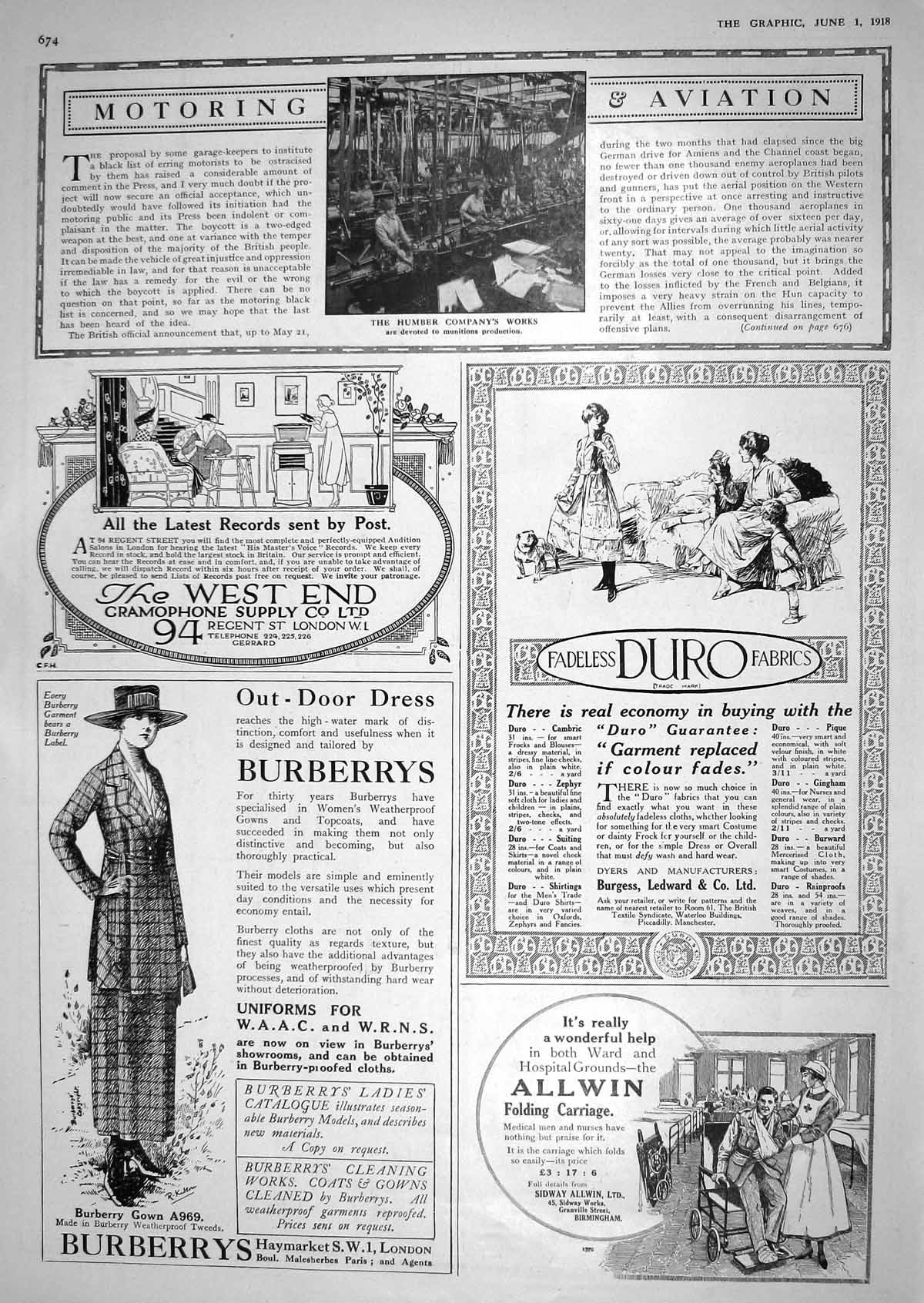 Antique Old Print 1918 Humber Company Works Munitions Production Burberrys 20th