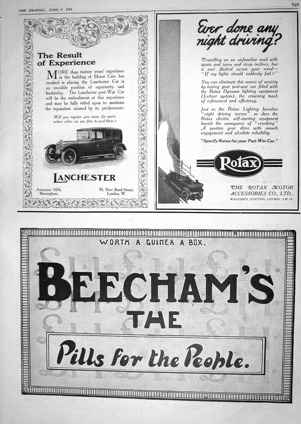 Antique Print 1918 Advertisement Lanchester Motor Car Rotax Beechams Pills 20th