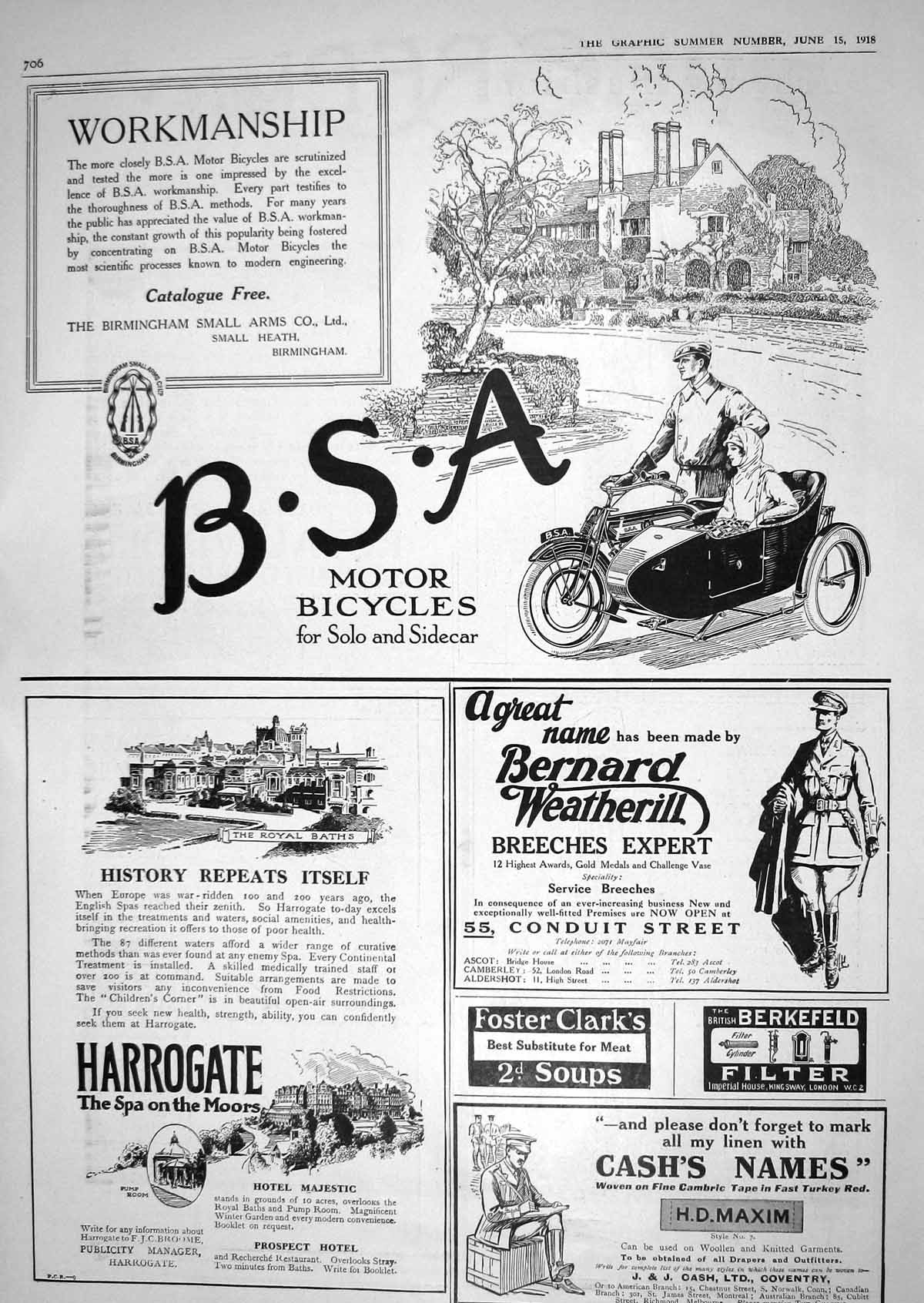 Old Print 1918 B.S.A. Motor Cycles Sidecar Harrogate Weatherill Breeches 20th
