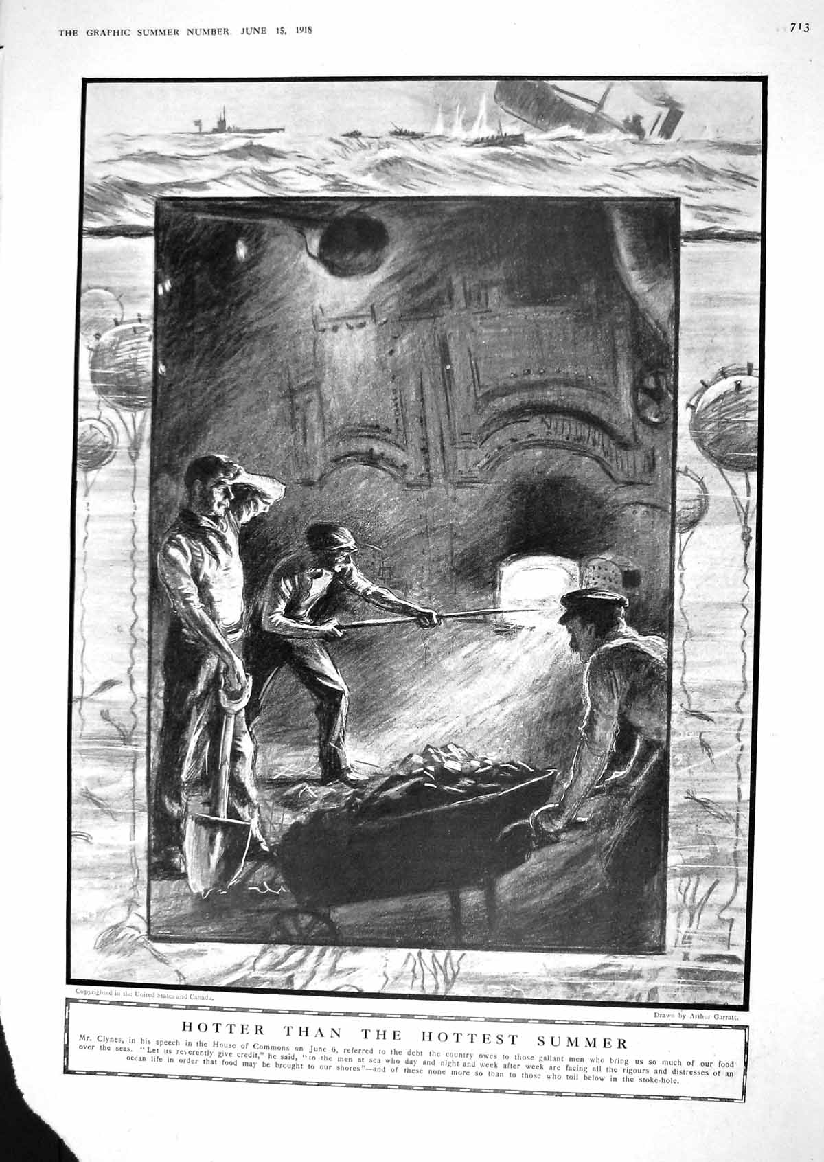 Original Old Vintage Print 1918 War Siers Sailors Ship Stoke-Hole Fire 20th