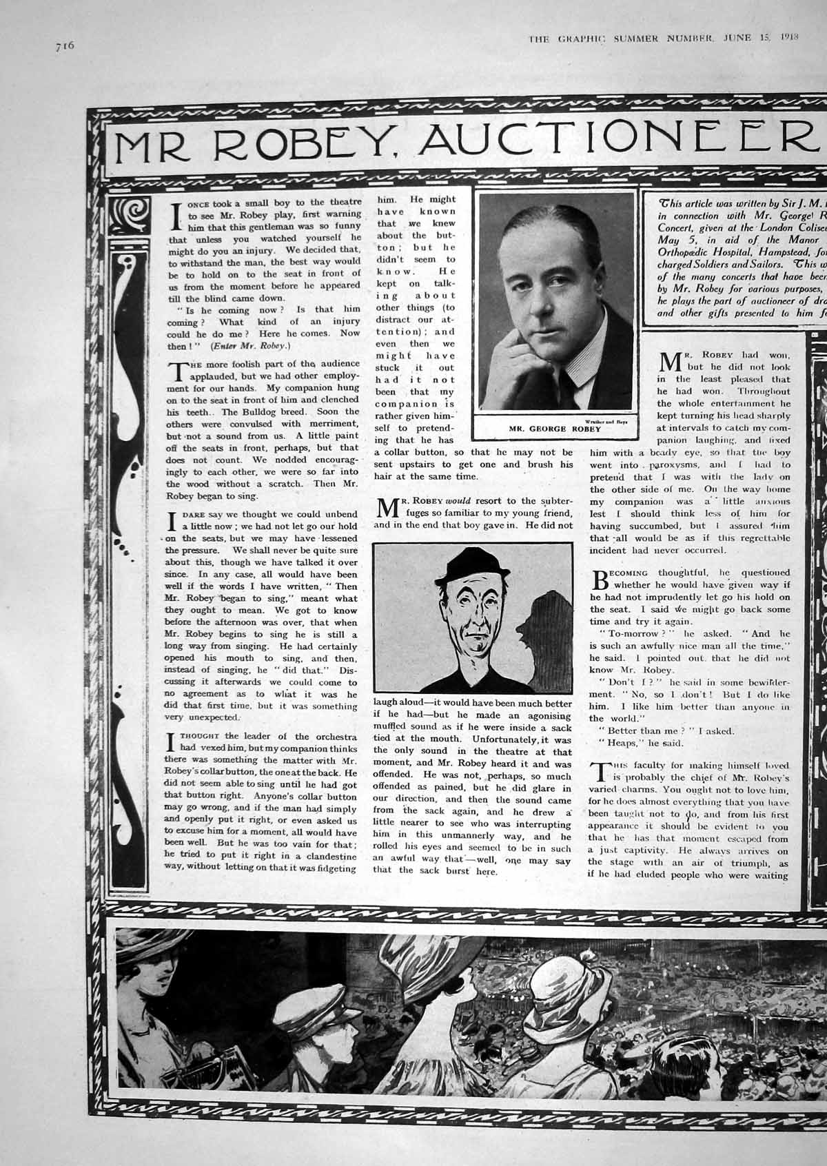 Original Old Vintage Print 1918 Mr George Robey Auctioneer Barrie Theatre 20th