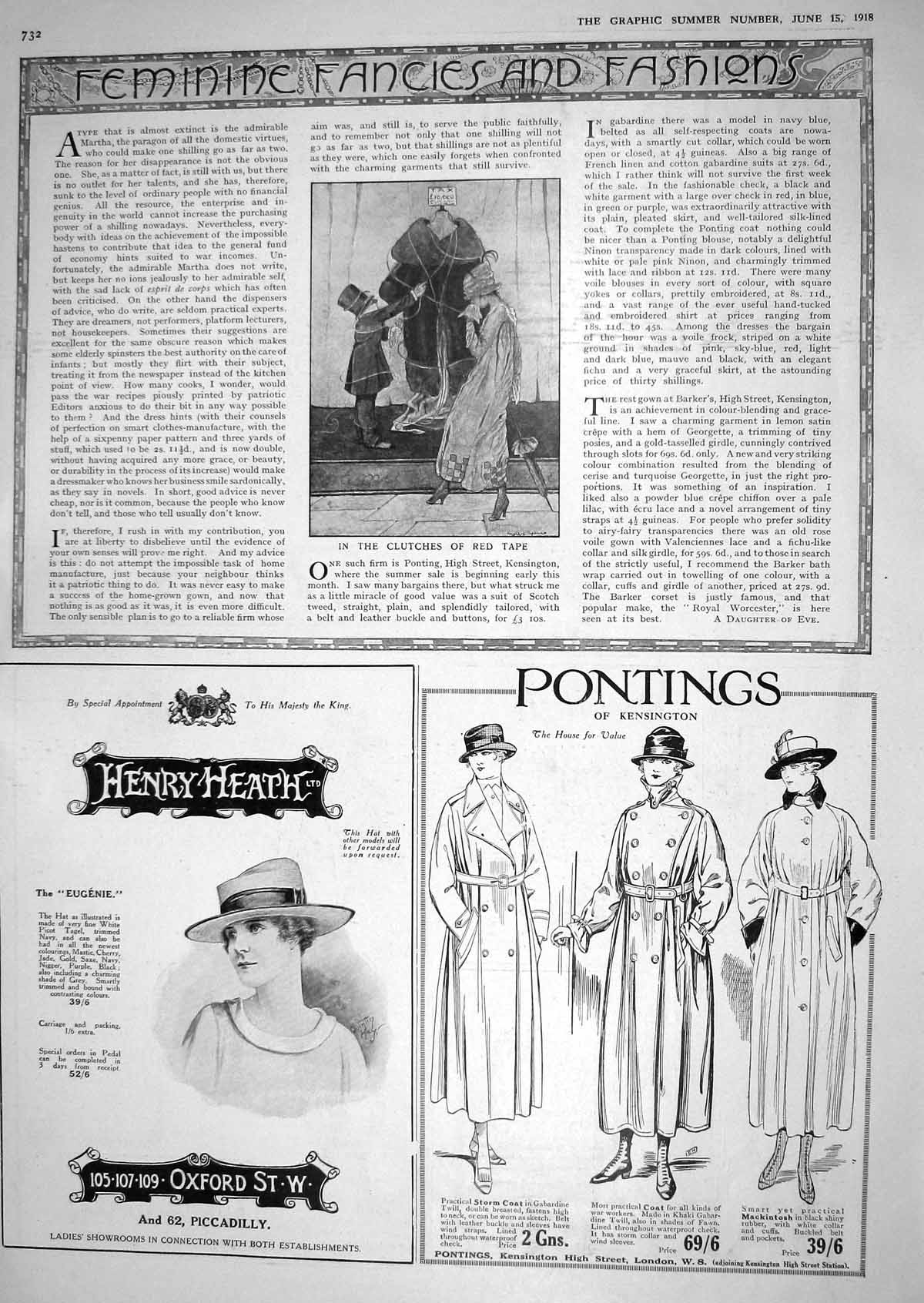 Antique Old Print 1918 Ladies Fashion Henry Heath Pontings Kensington London