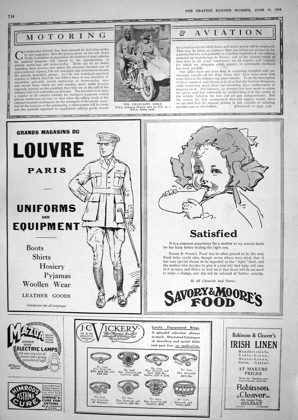 Antique Print 1918 Ed Orderley O.C. B.S.A. Sidecar Motorcycle Louvre Paris 20th
