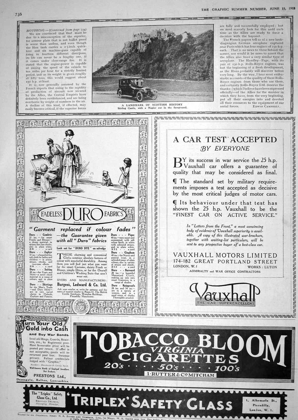 Antique Old Print 1918 Stirling Castle Napier Motor Car Tobacco Triplex Glass
