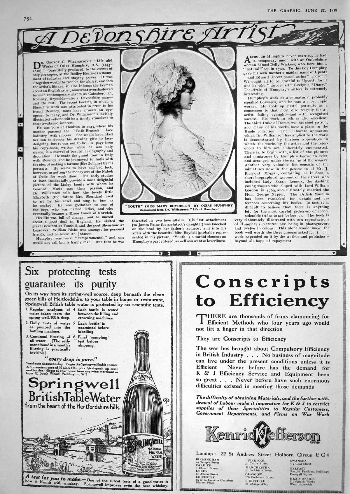 Old 1918 Miss Mary Boydell Ozias Humphry Springwell Kenrick Jefferson 20th