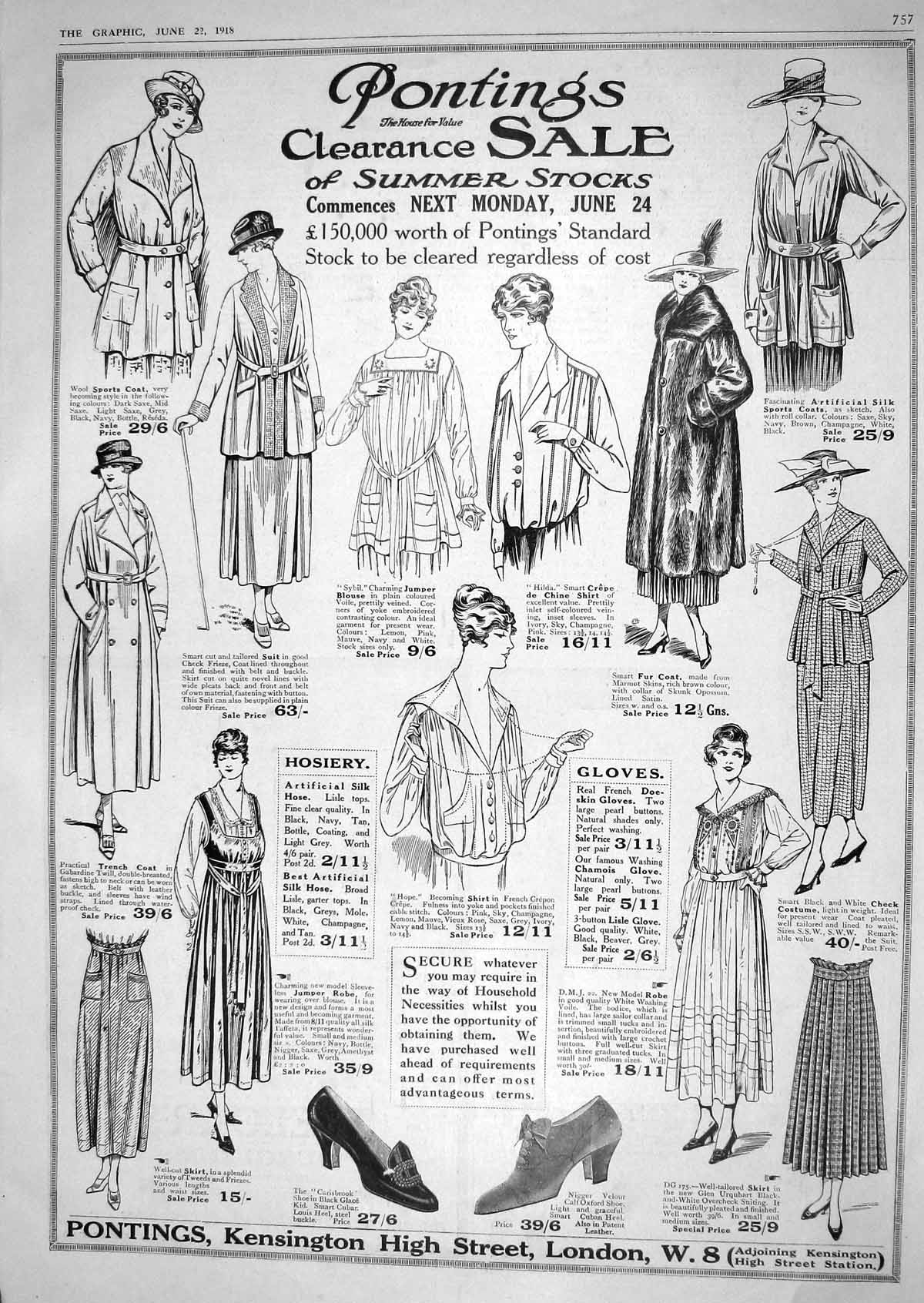 Antique Print 1918 Pontings Clearance Sale Hosiery Gloves Kensington London
