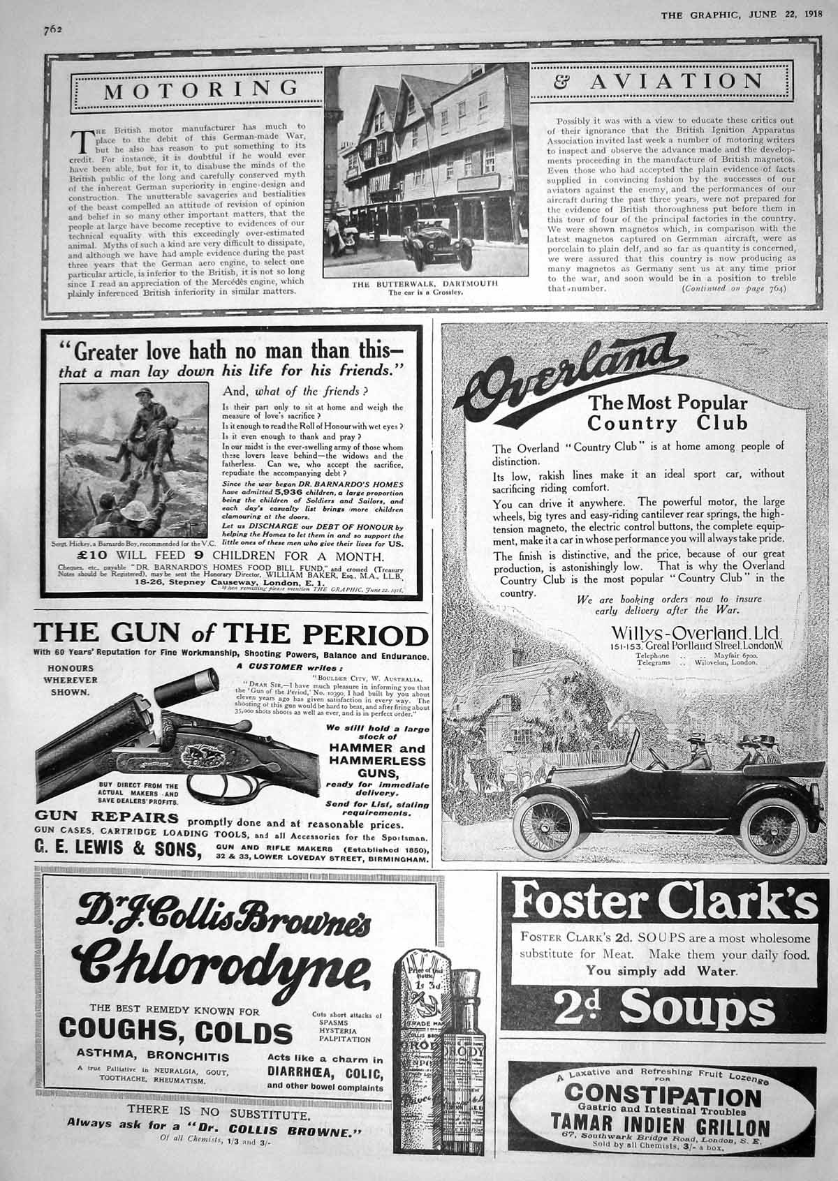 Old 1918 Butterwalk Dartmouth Motor Car Crossley Overland Lewis Guns 20th