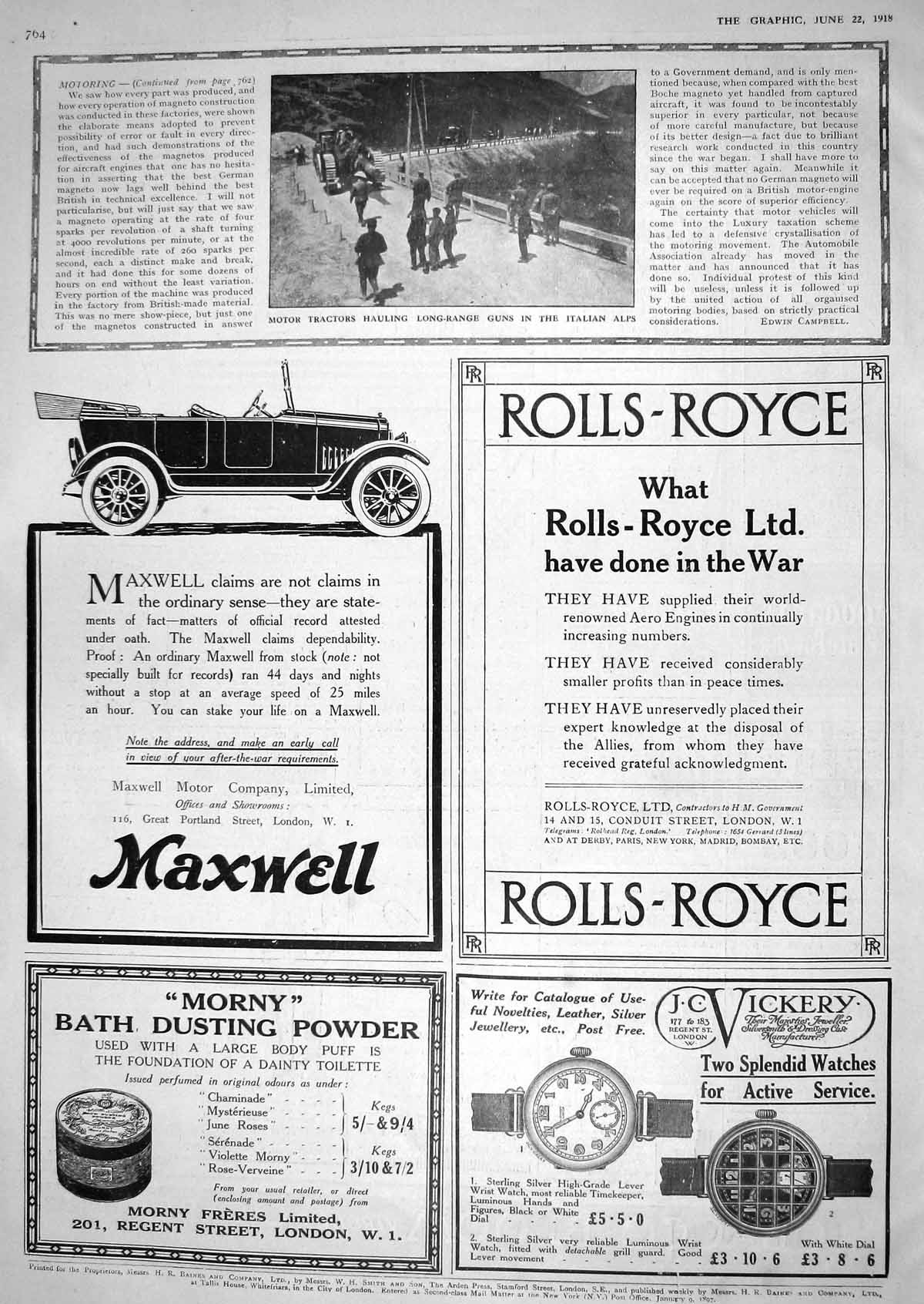 Old 1918 Motor Tractors Long-Range Guns Italian Alps Rolls Royce Car 20th