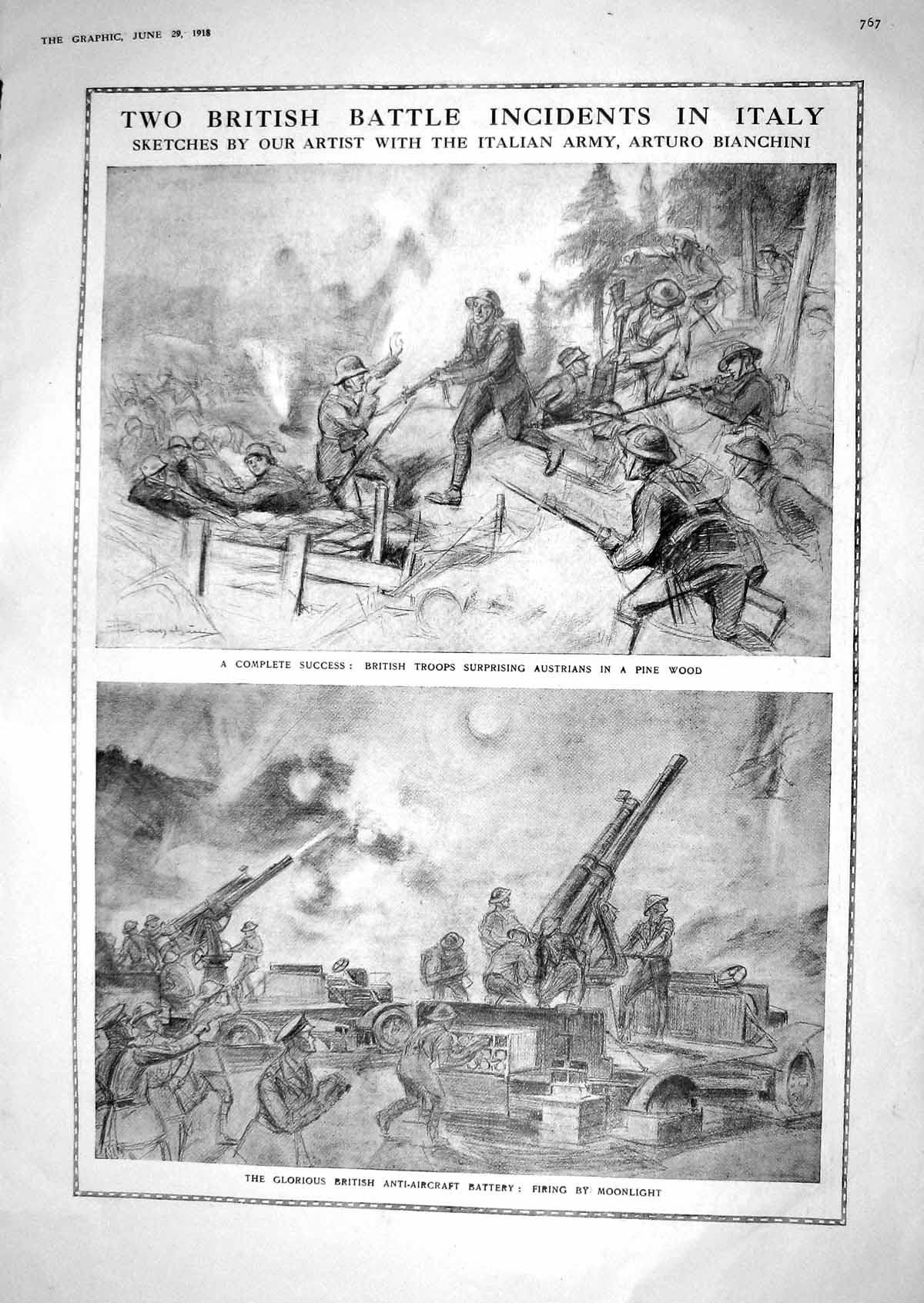 Old Print 1918 British Siers War Italy Anti-Aircraft Battery German Gren 20th
