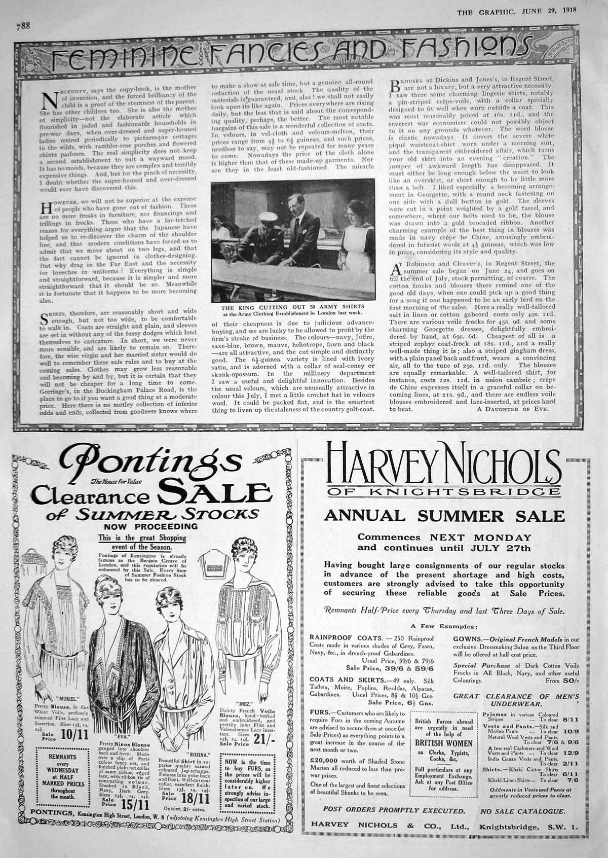 Old Print 1918 King Cutting Army Shirts Clothing Pontings Harvey Nichols 20th