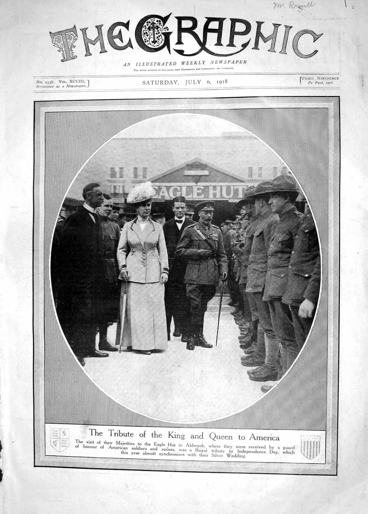 Old Print 1918 King Queen Eagle Hut Aldwych America Siers Lord Rhondda B 20th