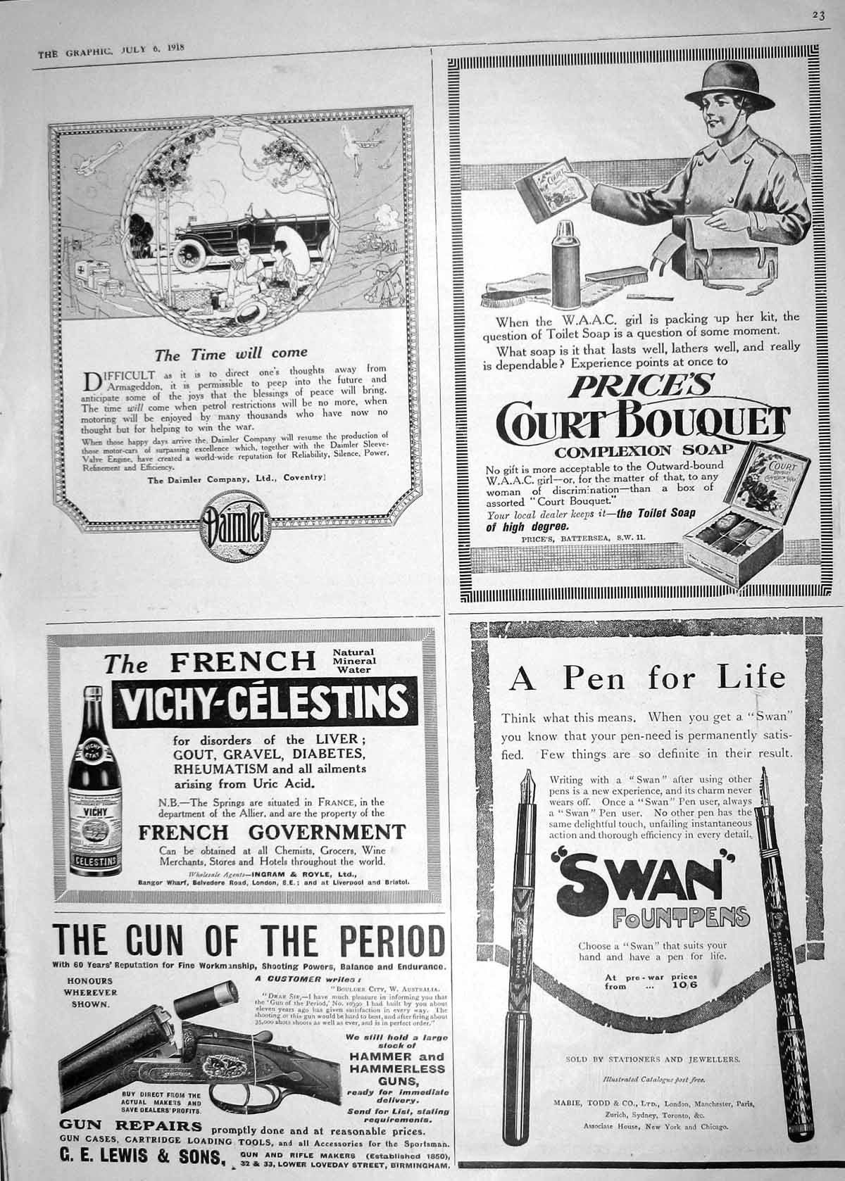 Old Print 1918 Daimler Motor Car Price'S Soap Swan Fountain Pen Lewis Gun 20th