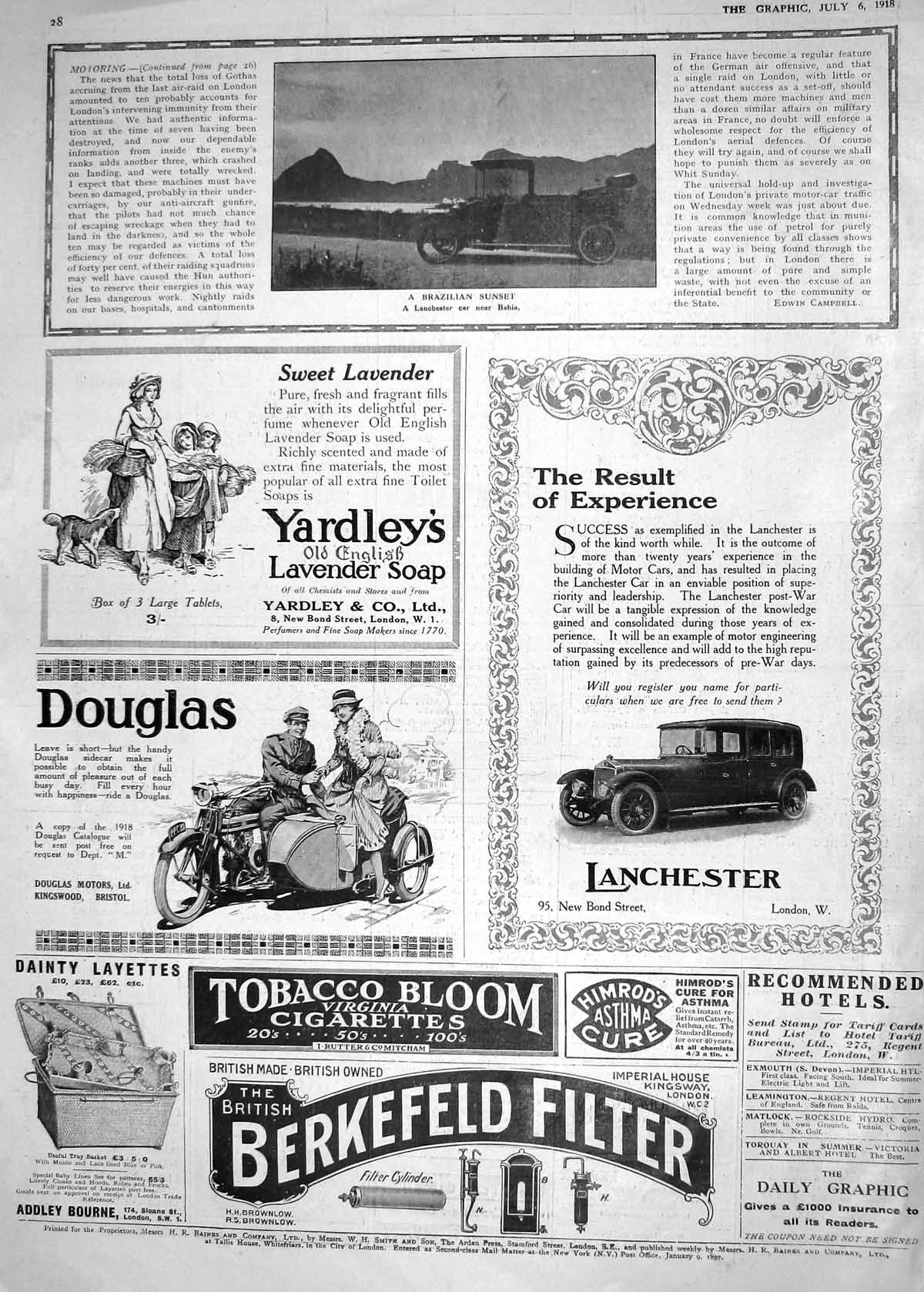 Old 1918 Brazilian Sunset Lanchester Motor Car Bahia Yardleys Soap Do 20th
