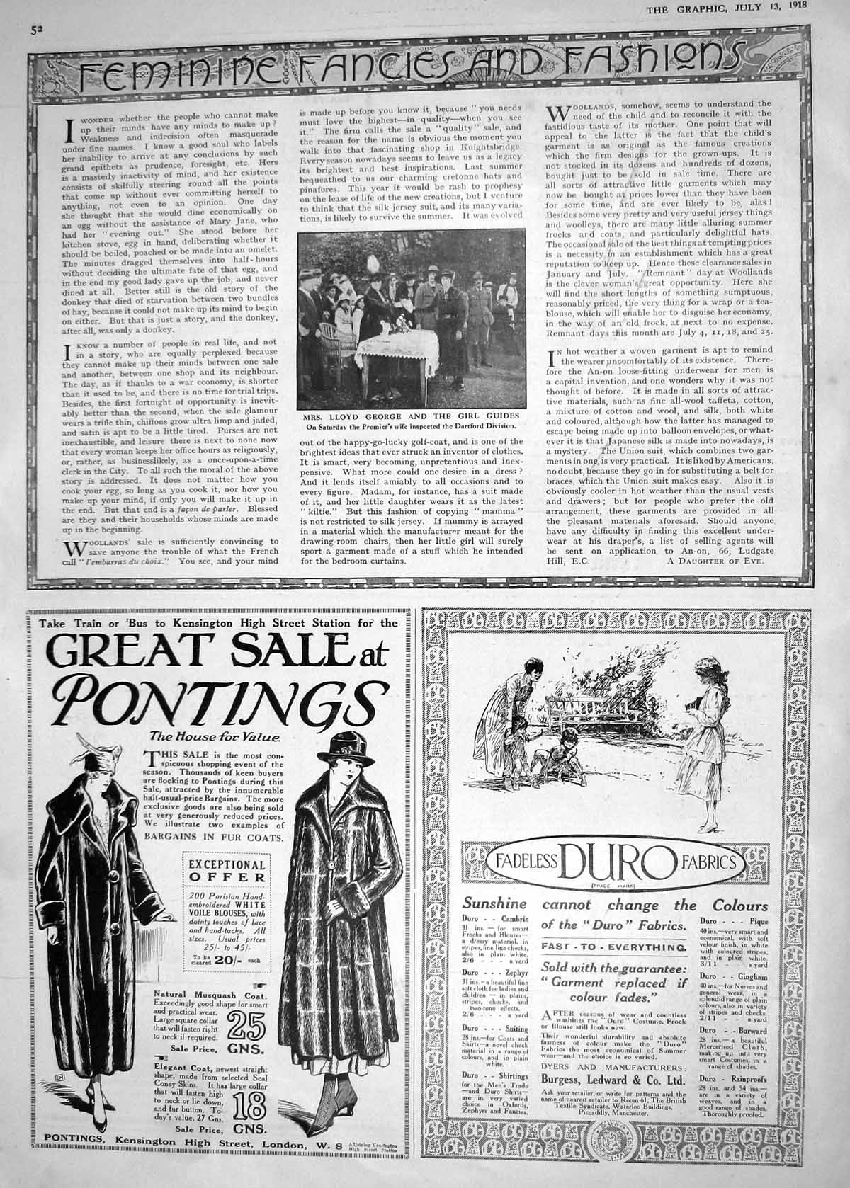 Antique Print 1918 Lloyd George Girl Guides Dartford Pontings Duro Fabrics 20th