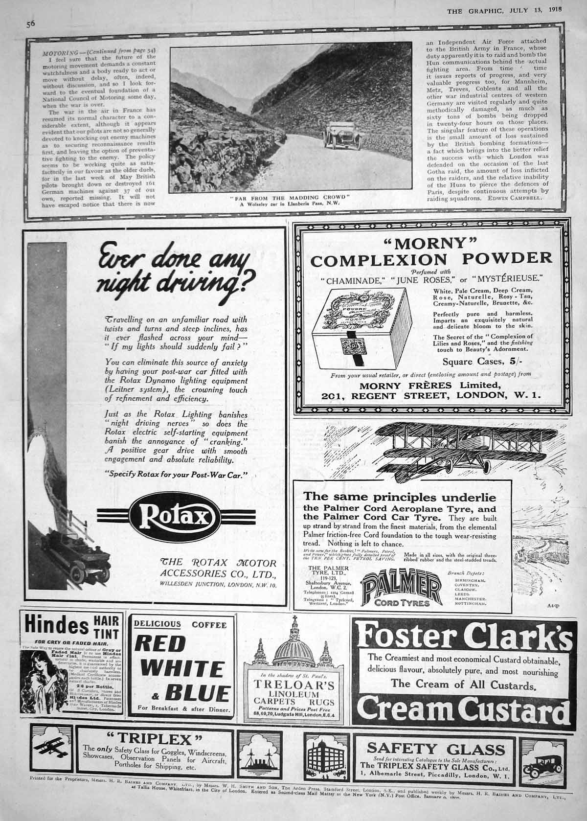 Old Print 1918 Wolseley Motor Car Llanberis Pass Morny Rotax Palmer Tyres 20th