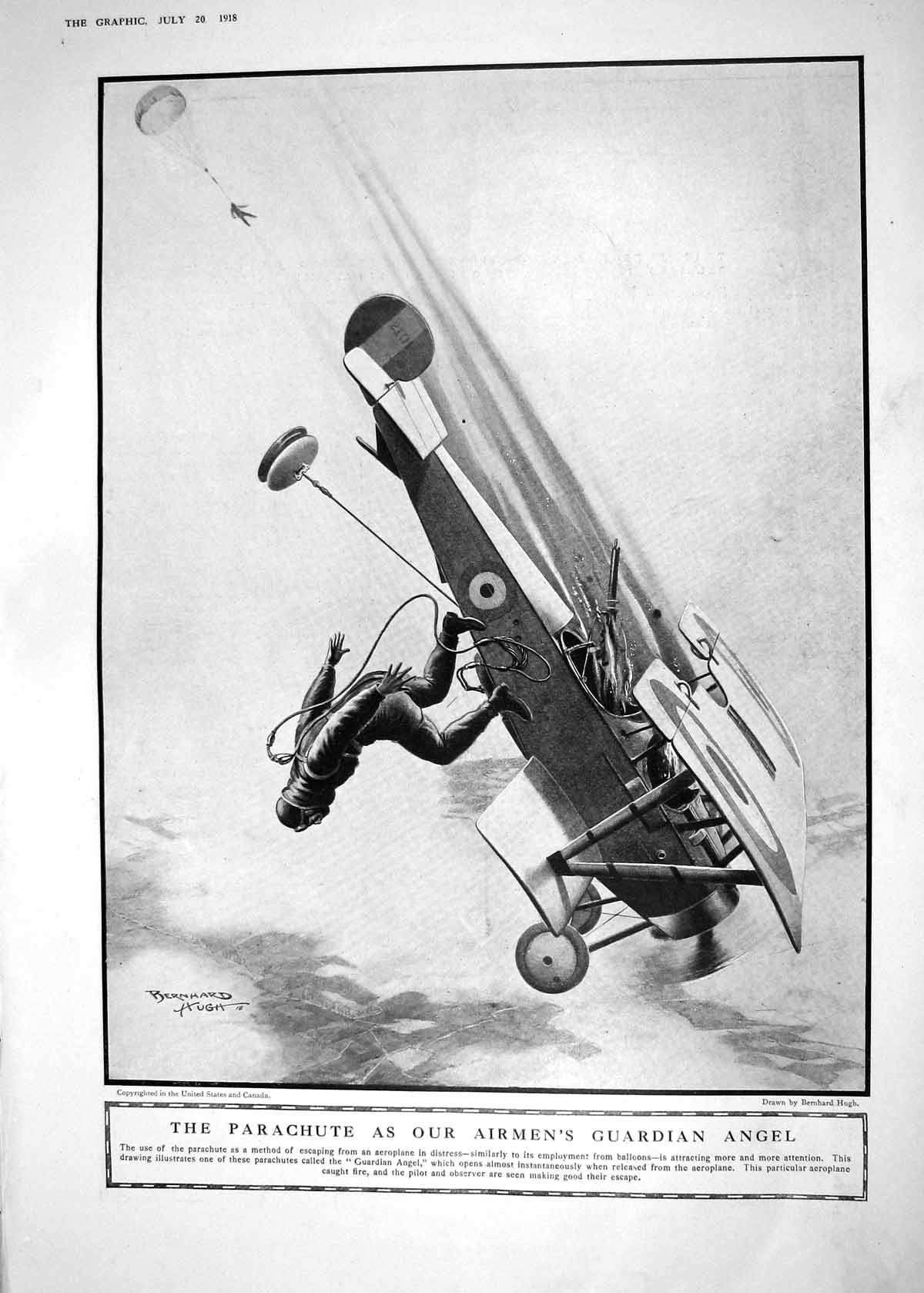 Old Print 1918 War Parachute Aeroplane Airmen Guardian Angel Bernard Hugh 20th
