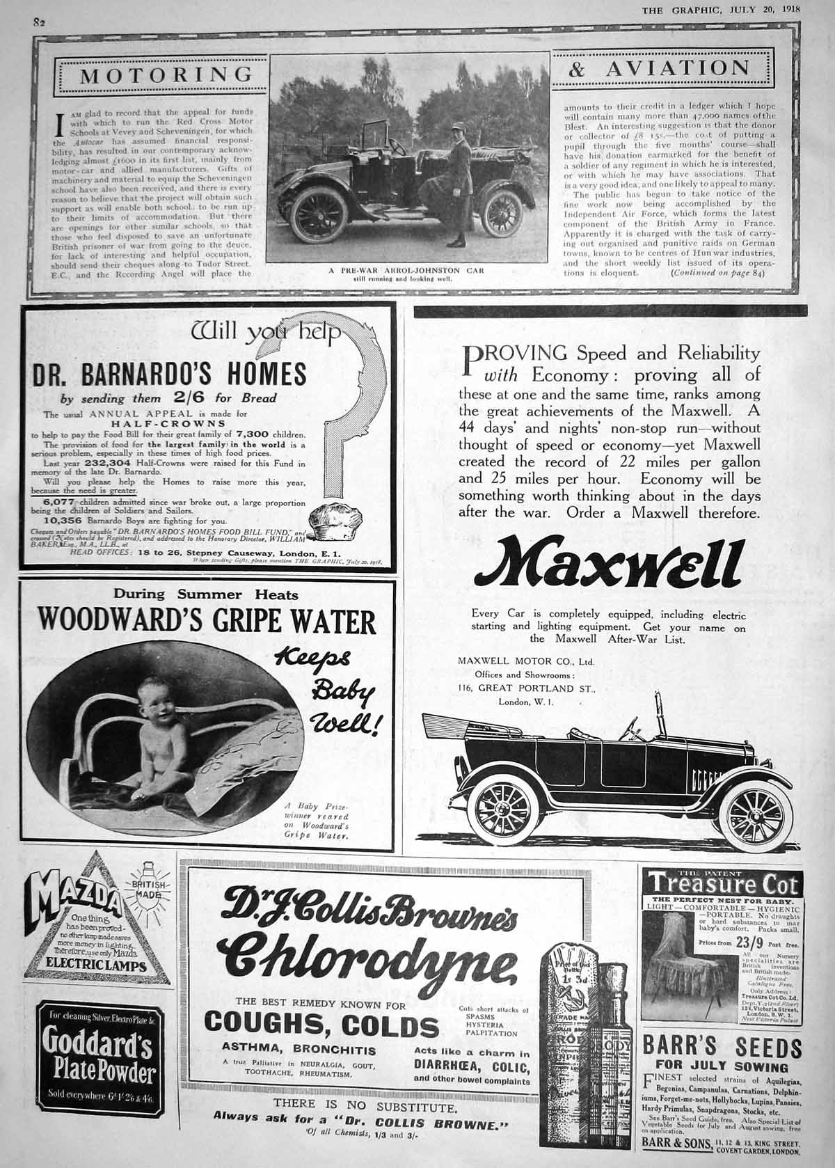 Antique Old Print 1918 Pre-War Arrol-Johnson Motor Car Maxwell Gripe Water 20th