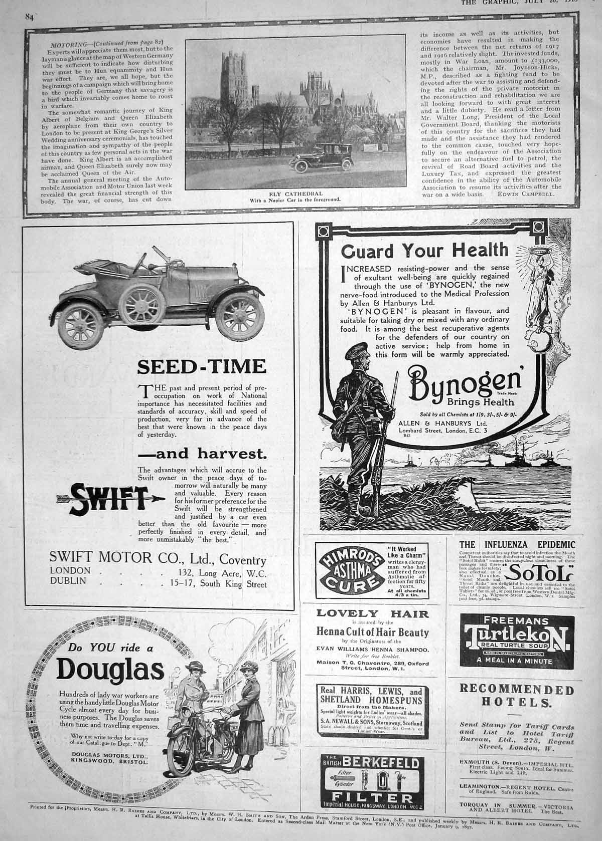 Antique Old Print 1918 Ely Cathedral Napier Motor Car Swift Douglas Motors 20th