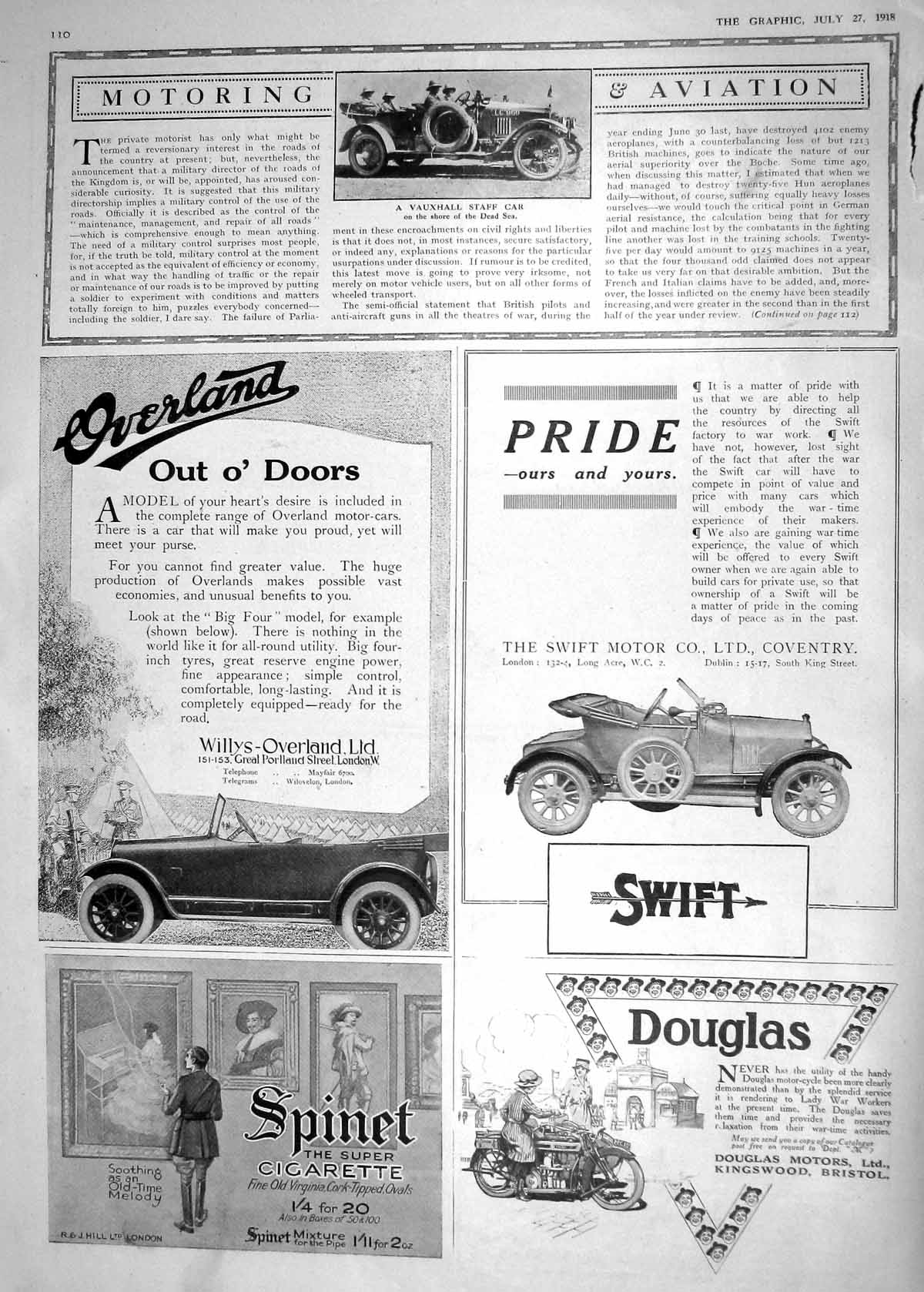 Antique Old Print 1918 Vauxhall Staff Motor Car Willys Overland Swift Douglas