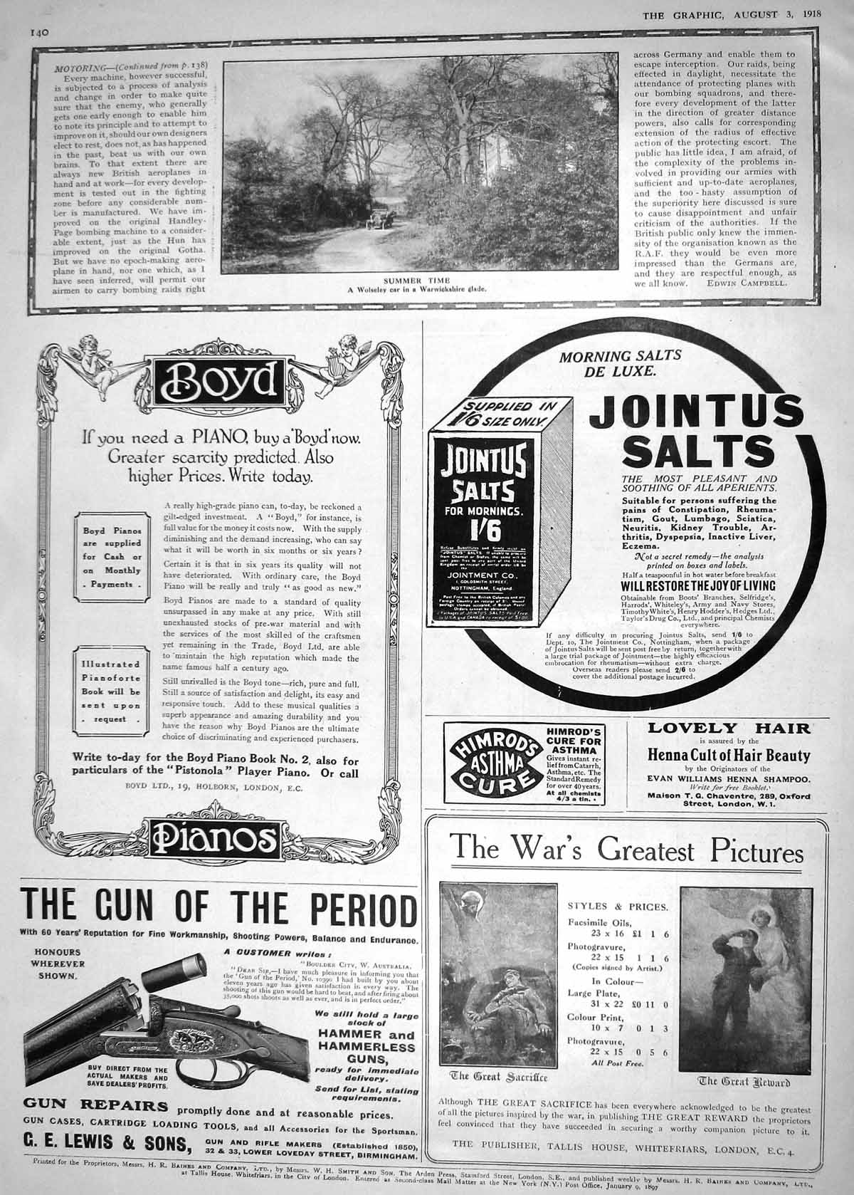 Antique Print 1918 Wolseley Motor Car Warwickshire Boyd Pianos Jointus Salt