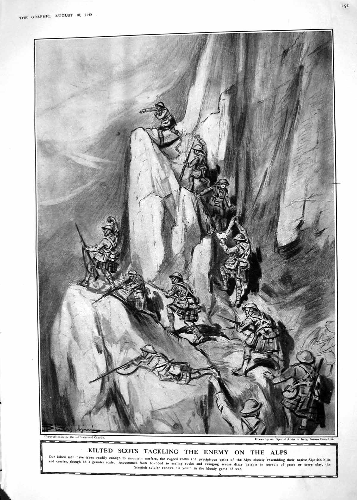 Old Print 1918 War Kilted Scottish Siers Alps Mountains R.A.F. Cadets Tr 20th
