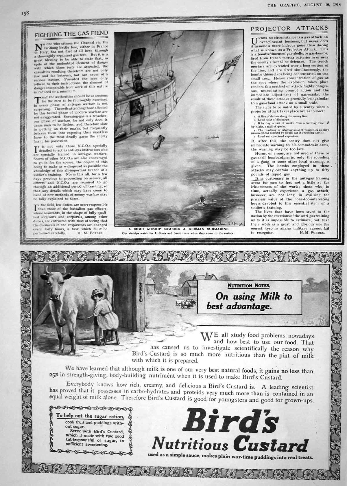 Antique Old Print 1918 War Airship Bombing German Submarine Bird'S Custard 20th