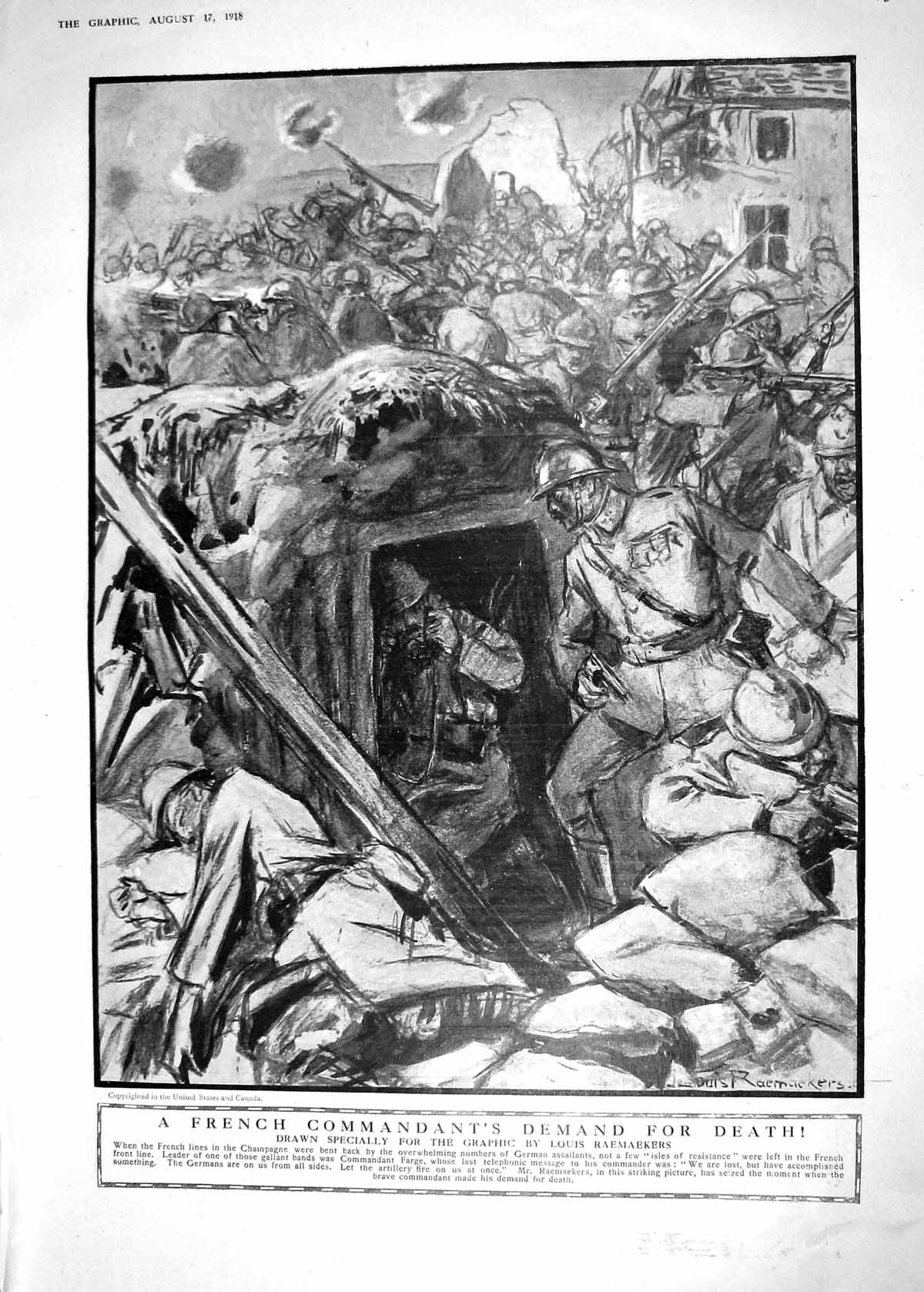 Antique Old Print 1918 French Commandant Siers War Champagne Louis Raemaeker