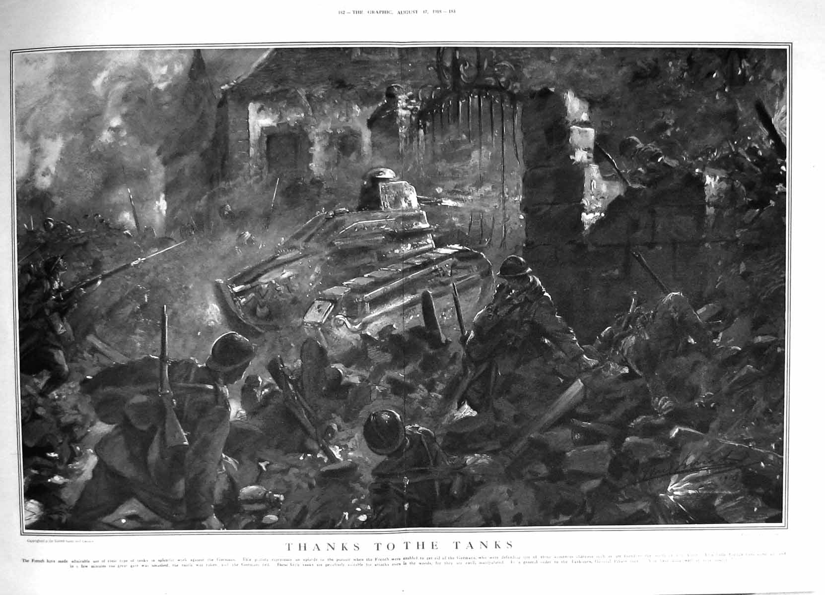 Antique Print 1918 War French Army Siers Tanks General Petain Paul Thiriat
