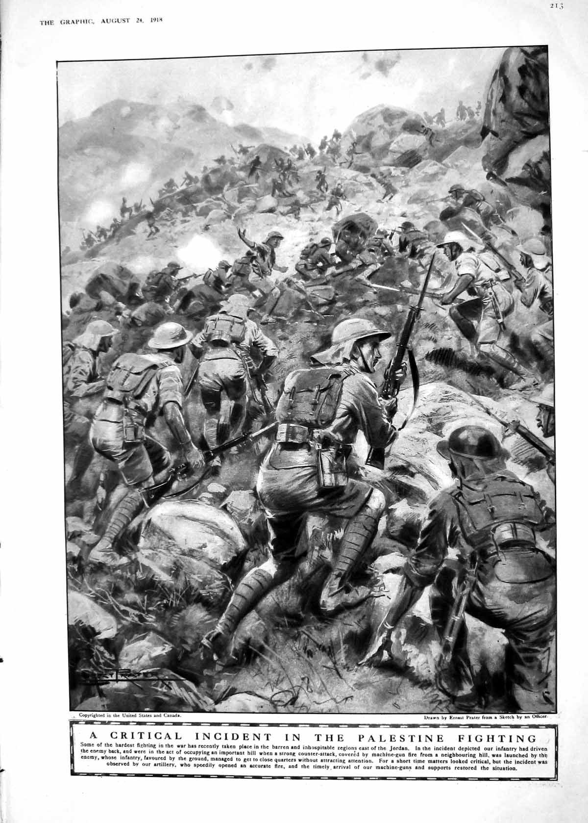 Old Print 1918 Palestine War Fighting Jordan Siers Yorkshire Harvest Fla 20th