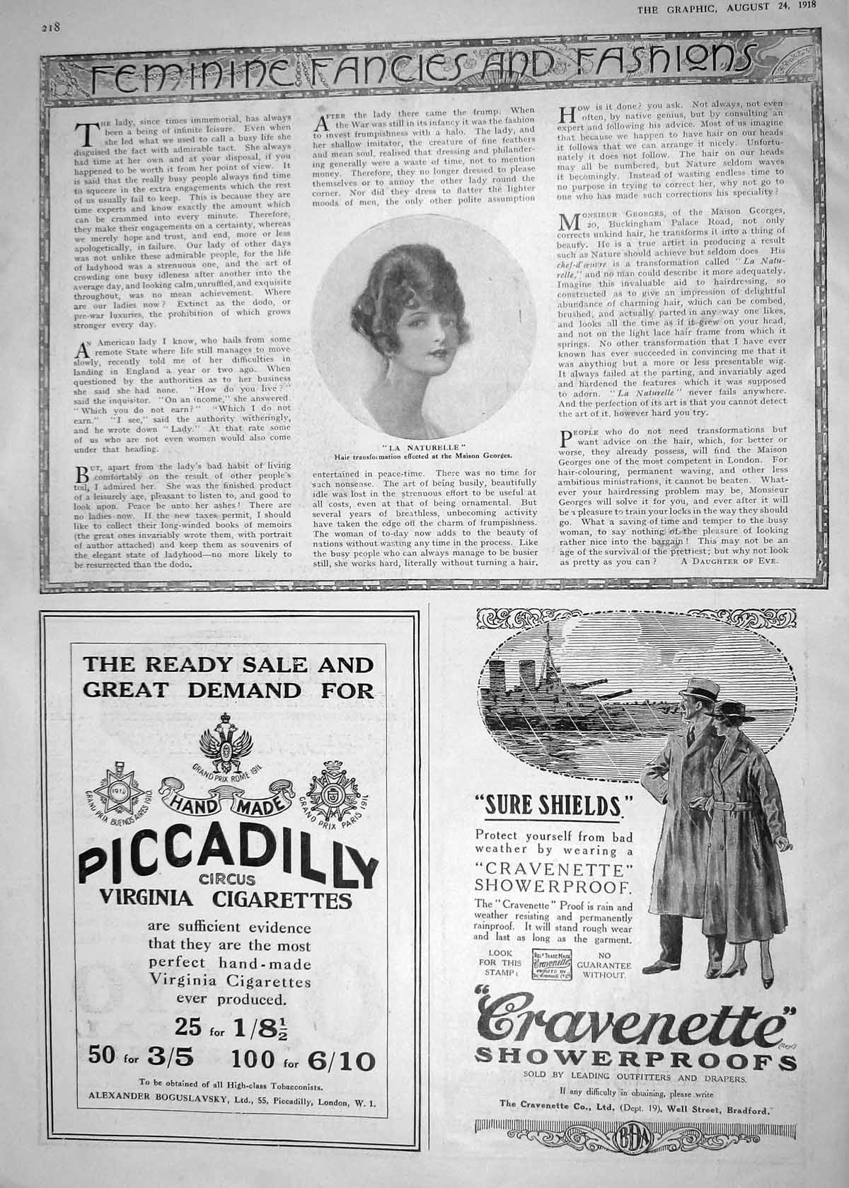 Old 1918 Beautiful Woman Hair Style Advertisement Cravenette Cigarett 20th