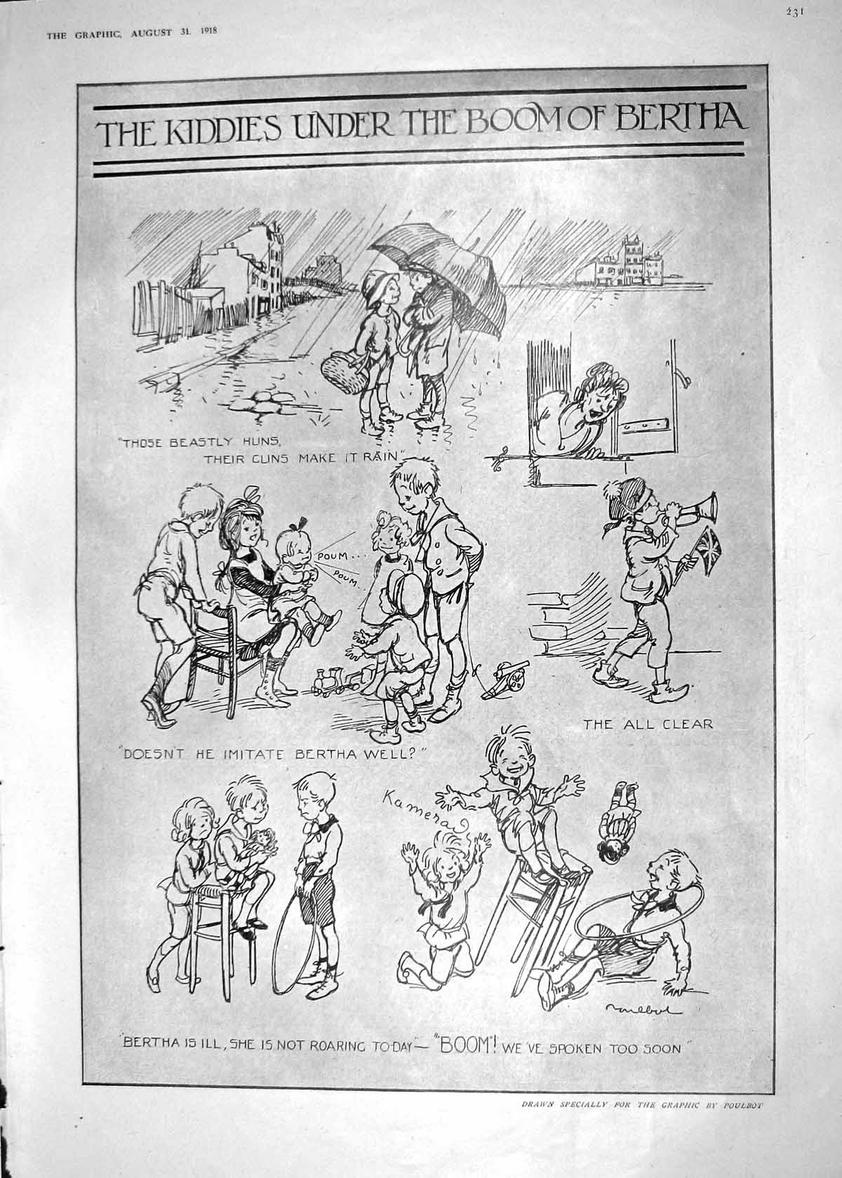 Antique Old Print 1918 Scene Children Playing Bertha Umbrella Rain Poulbot 20th
